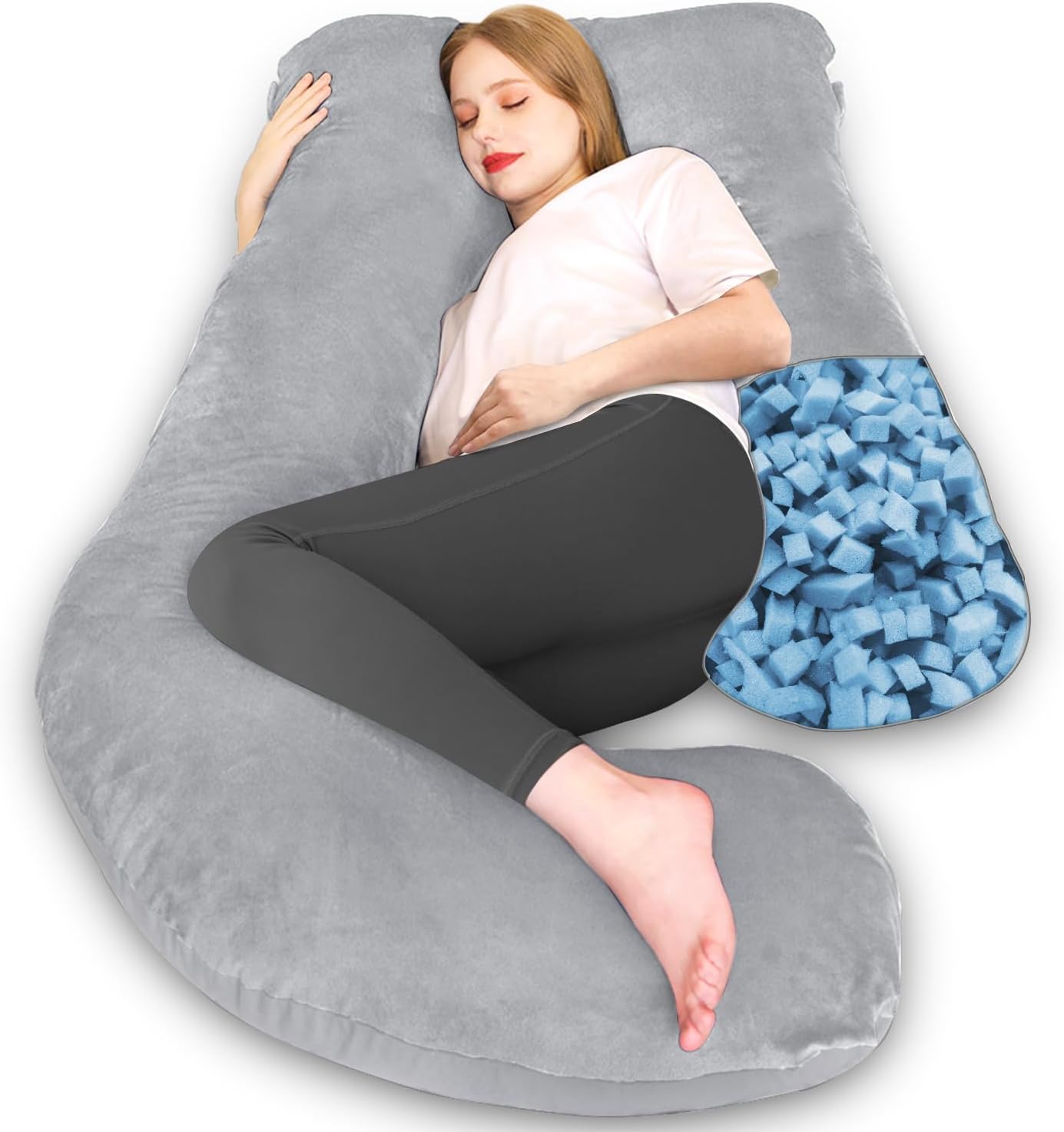 Chilling Home Memory Foam Pregnancy Pillow, J Shape Pregnancy Pillows for Sleeping, Body Pillow for Adults, Maternity Pillow for Pregnant Women, with Velvet Removable Cover, Light Grey