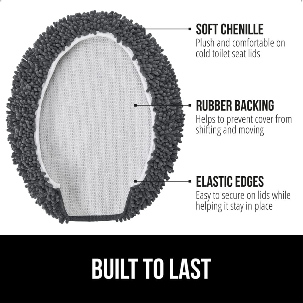 GORILLA GRIP Soft Chenille Bathroom Toilet Lid Cover, Machine Washable Seat Covers, 19.5x18.5, Stays in Place Rubber Backing, Fits Most Round, Elongated and Oblong Lids, Accessories Decor, Charcoal