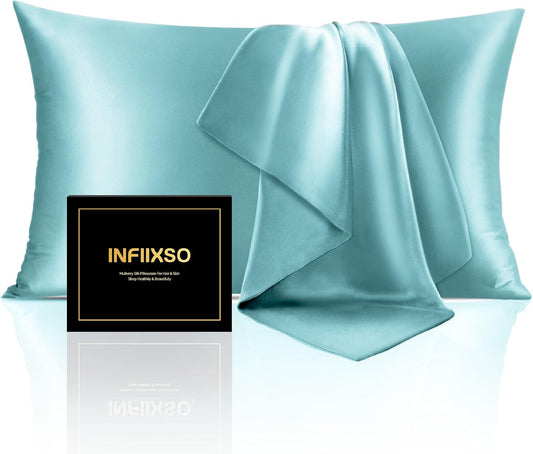 INFIIXSO Silk Pillow Cases 2 Pack Standard Size, Ultra Smooth & Soft Mulberry Silk Pillow Case for Hair and Skin, Breathable Cooling Silk Pillowcase with Hidden Zipper (Ocean Mist, 20x26 Inches)