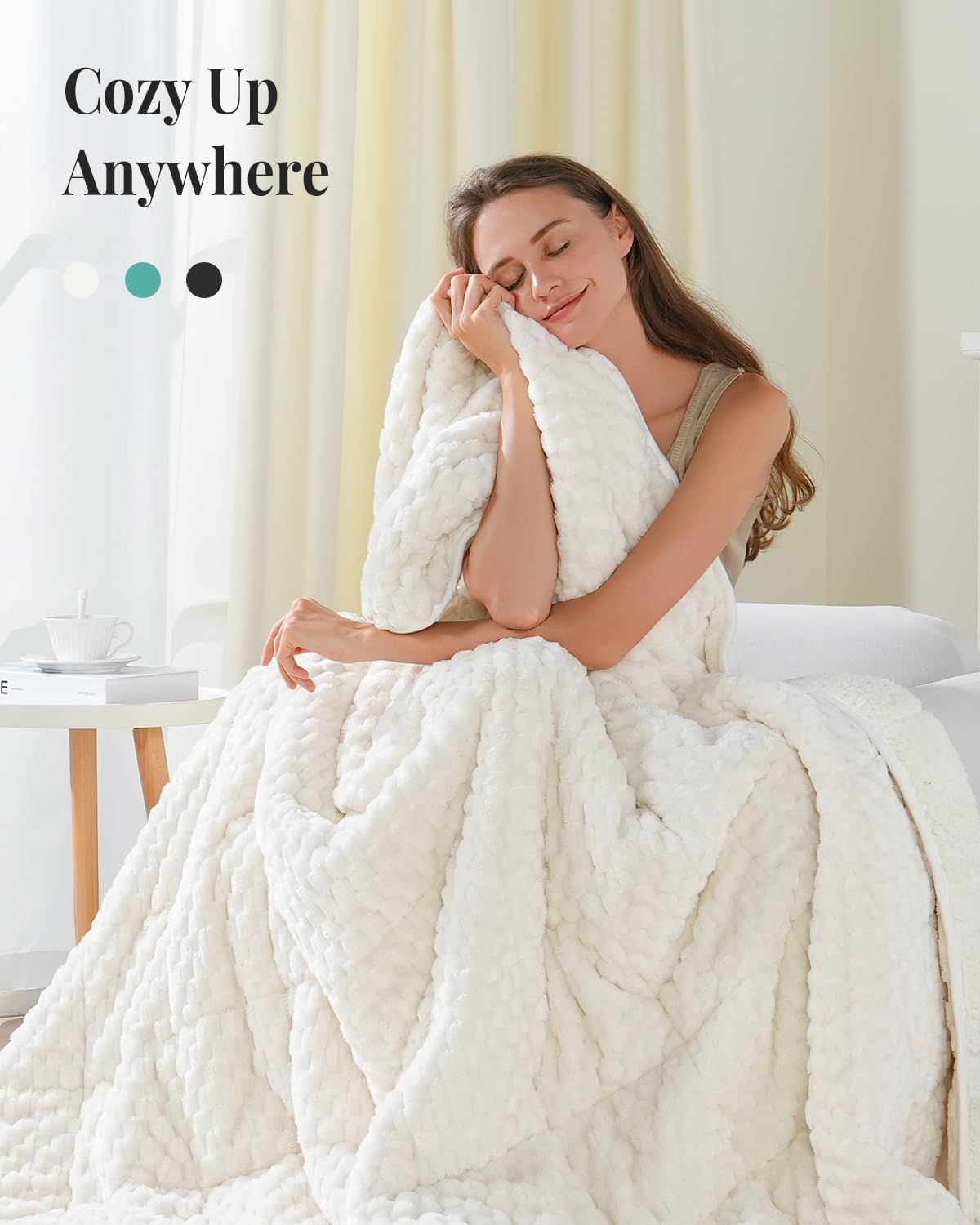 Topblan Weighted Blanket for Adults (48" x 72" 12lbs, Cream White), Soft Sherpa Full Size Heavy Blanket, 3D Jacquard Flannel Fleece Weighted Blankets for Couch and Bed
