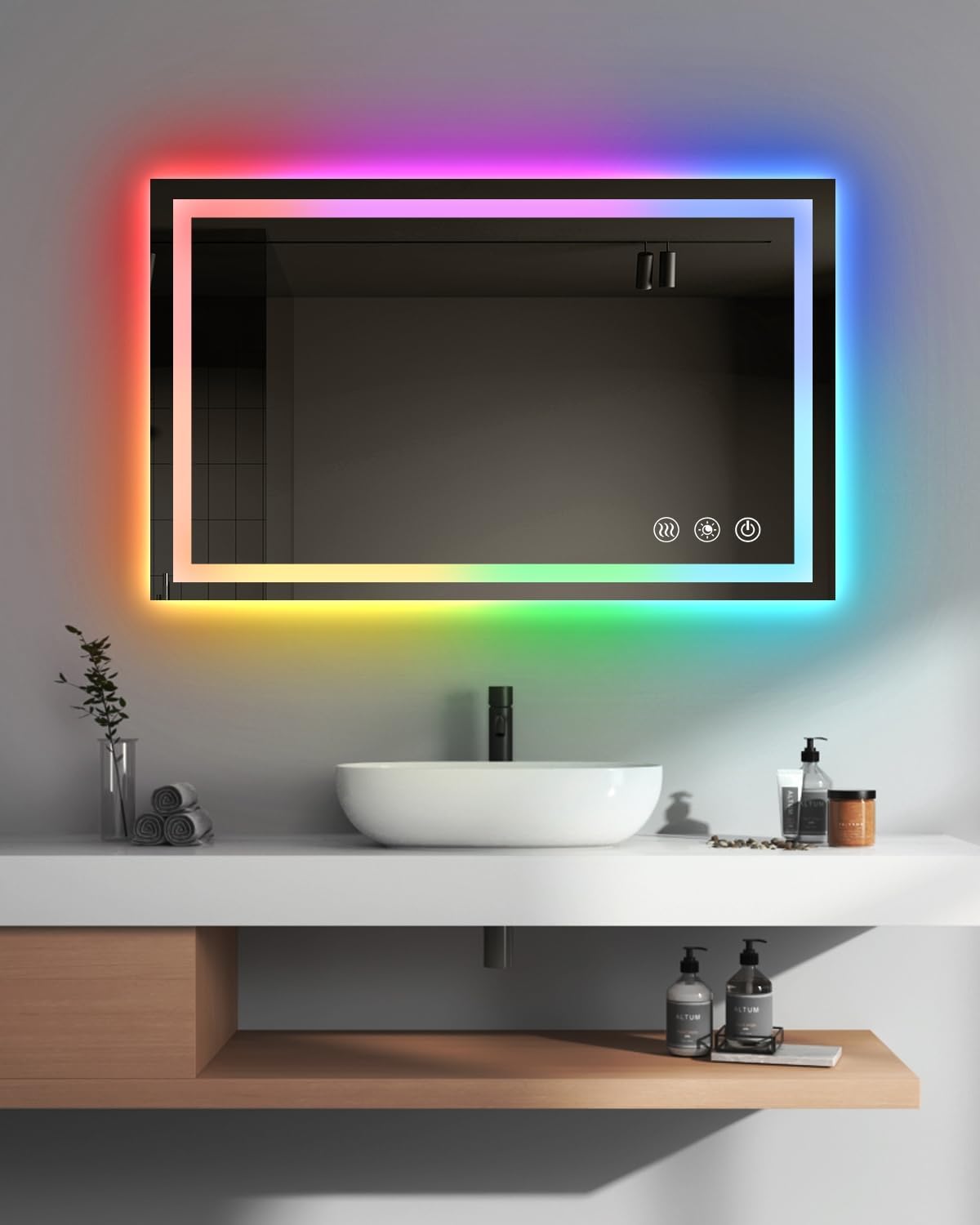 oneup 40x24 Inch LED Bathroom Mirror,RGB Color Changing Bathroom Mirror with Lights,Anti-Fog Wall-Mounted Vanity Mirrors,Smart Dimmable Multicolor Lighted,IP54 Waterproof (Horizontal/Vertical)