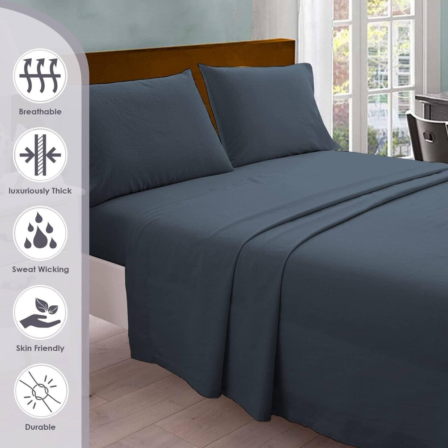 Pizuna Pure 100% Cotton Crisp Sateen Sheets Queen Size - 800 Thread Count - Long Staple Cotton - 15in Deep Pocket - Combed Dark Blue
