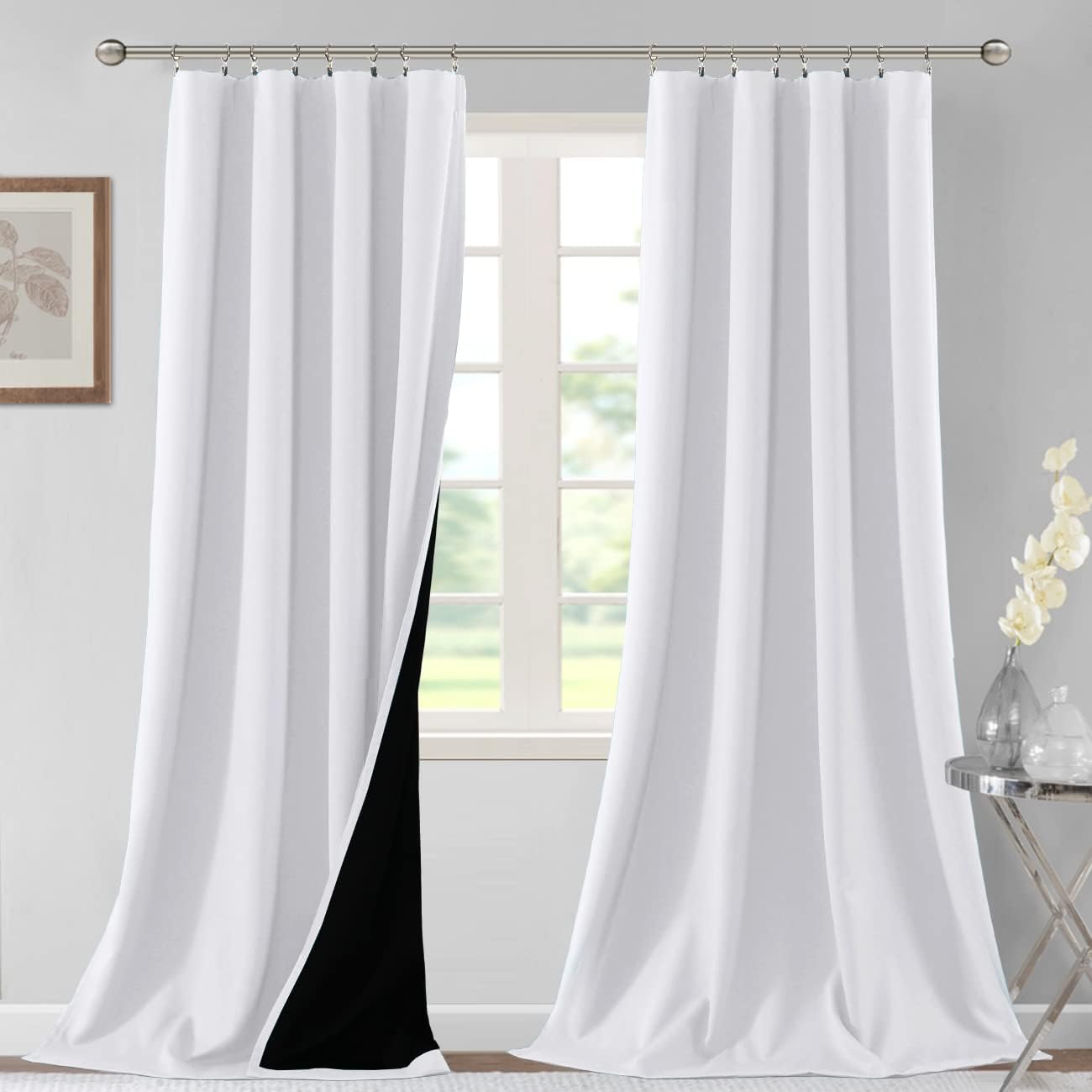 H.VERSAILTEX 100% Blackout Curtains for Bedroom Thermal Insulated Blackout Curtains 108 Inches Long Rod Pocket/Clip Rings Curtains for Living Room with Black Liner 2 Panels, Pure White