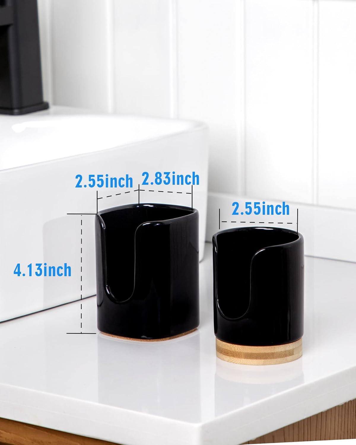 5 oz Square Ceramic Bathroom Cup Dispenser for Kids and Pregnancy - Disposable Paper Cup Holder for Mouthwash Cups on Bathroom Vanity Countertop (2 Pack, Black)