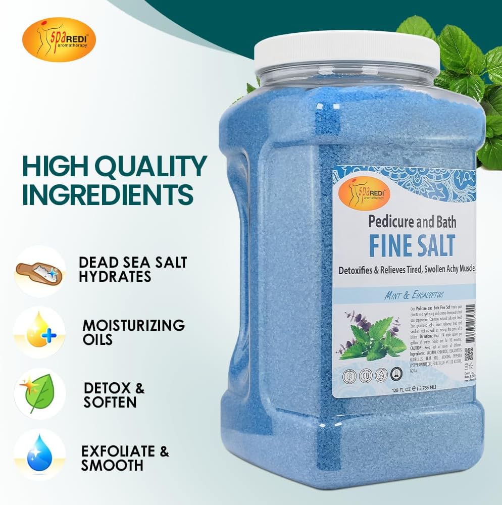 SPA REDI - Detox Foot Soak Pedicure and Bath Fine Salt, Mint and Eucalyptus, 128 Oz - Made with Dead Sea Salts, Argan Oil, Coconut Oil, and Essential Oil - Hydrates, Softens and Moisturizes