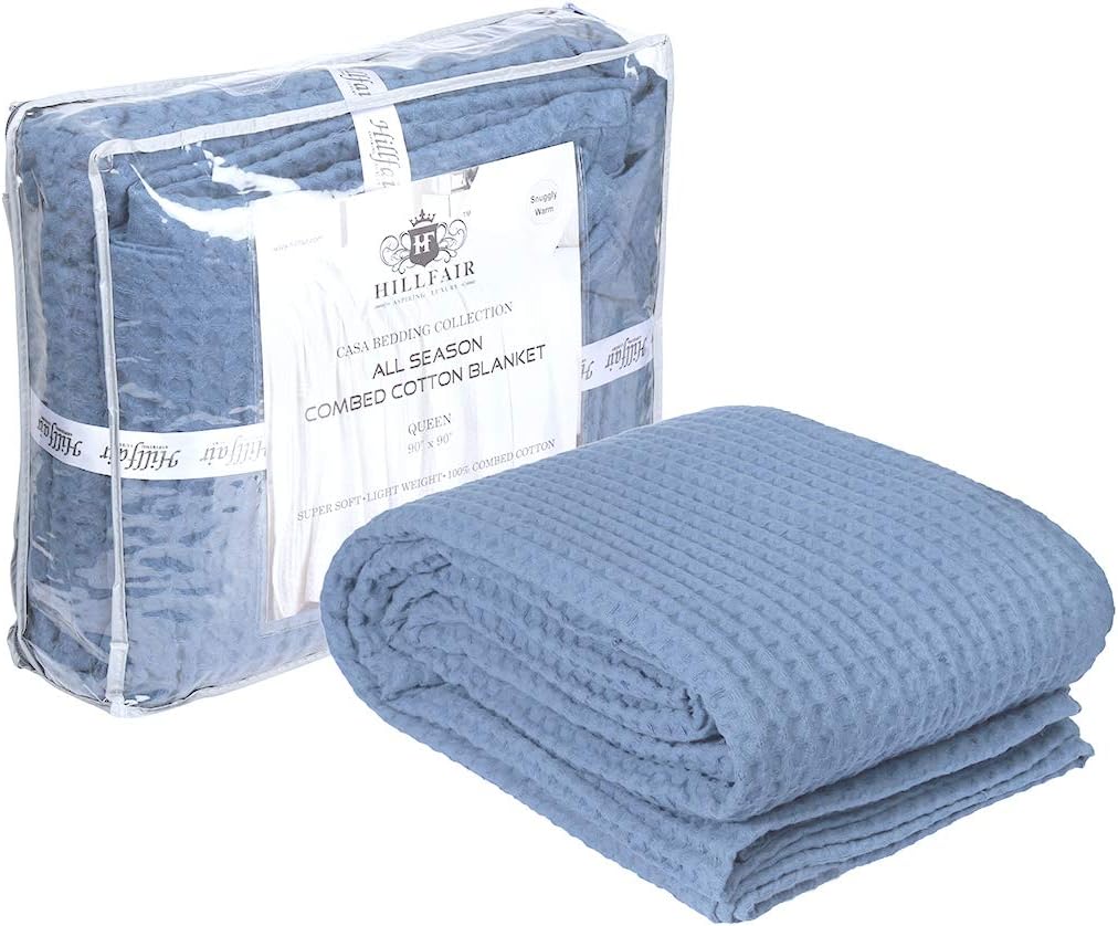 HILLFAIR 100% Combed Cotton Blanket–102x108 Inch California King Size Bed Blankets– Warm Soft All Season Breathable Blankets– Extra Large Oversized California King Blanket- Sky Blue Cotton Blankets