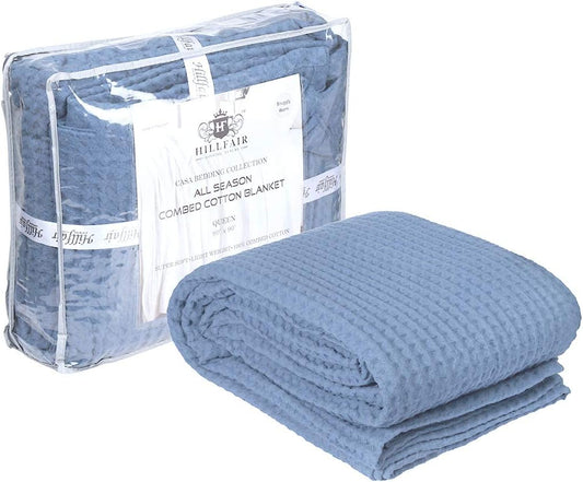 HILLFAIR 100% Combed Cotton Blanket– Queen Size Bed Blankets– Warm Soft All Season Breathable Lightweight Summer Blankets– Waffle Weave Home Decor Bed Blanket- Blue Queen Bed Cotton Blankets/Bedcovers