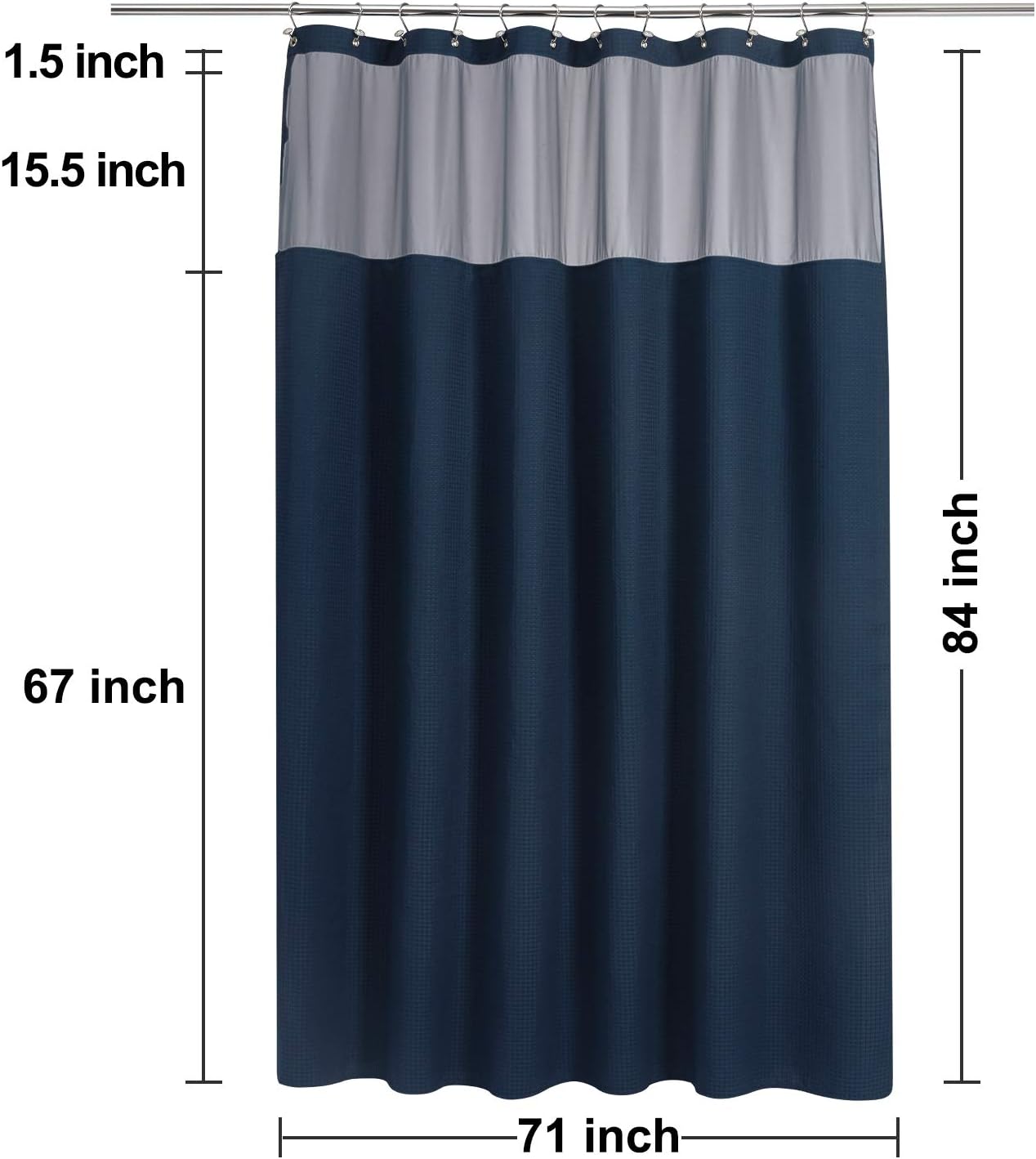 N&Y HOME Extra Long Waffle Weave Shower Curtain with Snap-in Fabric Liner Set, 12 Hooks Included - 71" x 84", Hotel Style, Mesh Top Window, Machine Washable & Water-Repellent - 71x84, Navy Blue
