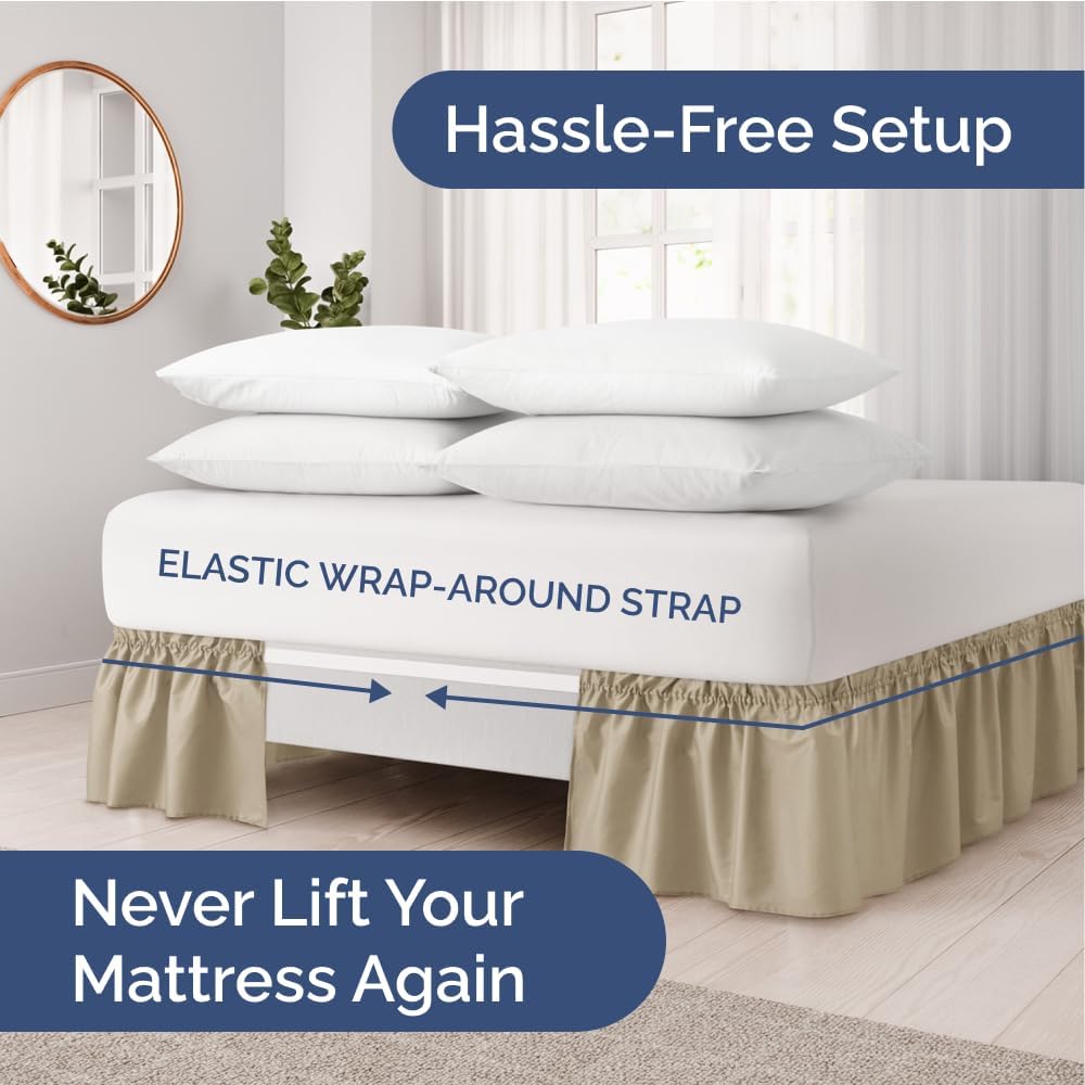 Wrap Around Dust Ruffle Bed Skirt - Beige - for Full Size Beds with 24 Inch Drop - Easy Fit Elastic Strap - Adjustable Pleated Bedskirt w/Brushed Fabric - Wrinkle Free - for Women, Men, Kids & Teens