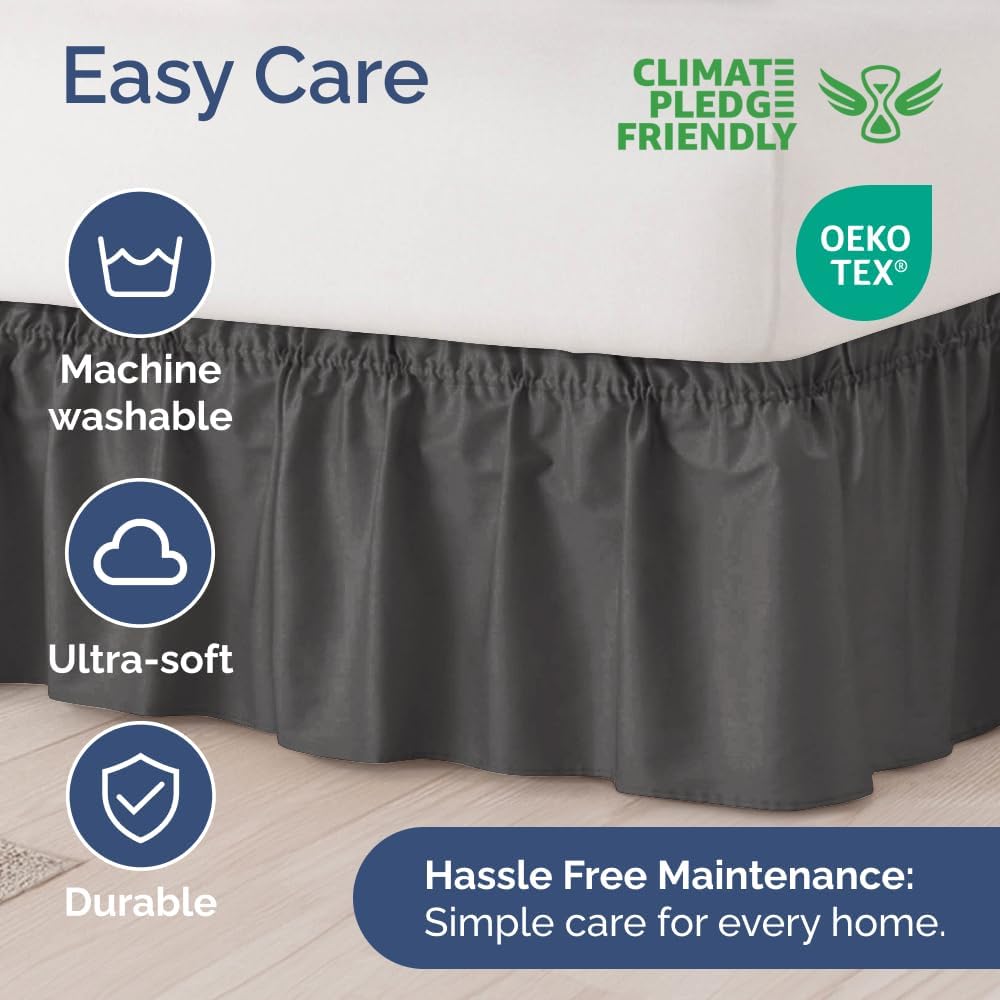 Wrap Around Dust Ruffle Bed Skirt - Charcoal - for King Size Beds w/ 12 Inch Drop - Easy Fit Elastic Strap - Adjustable Pleated Bedskirt w/Brushed Fabric - Wrinkle Free - for Women, Men, Kids & Teens