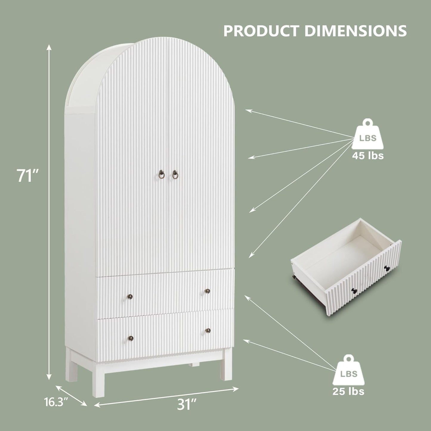 71" Tall Arched Bathroom Storage Cabinet, Modern Fluted Cabinet Storage with 4 Shlves and 2 Drawers, Floor Cabinet for Bathroom, Living Room, Kitchen, White