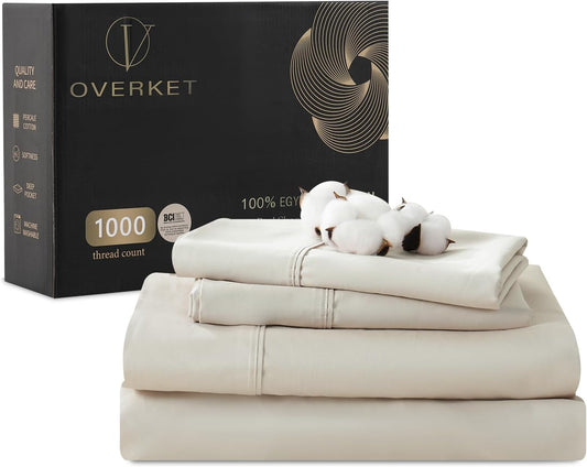 100% Egyptian Cotton Sheets King Size 1000 Thread Count Sateen Weave Soft Breathable 16-Inch Deep Pocket 4PCS（King,Linen）