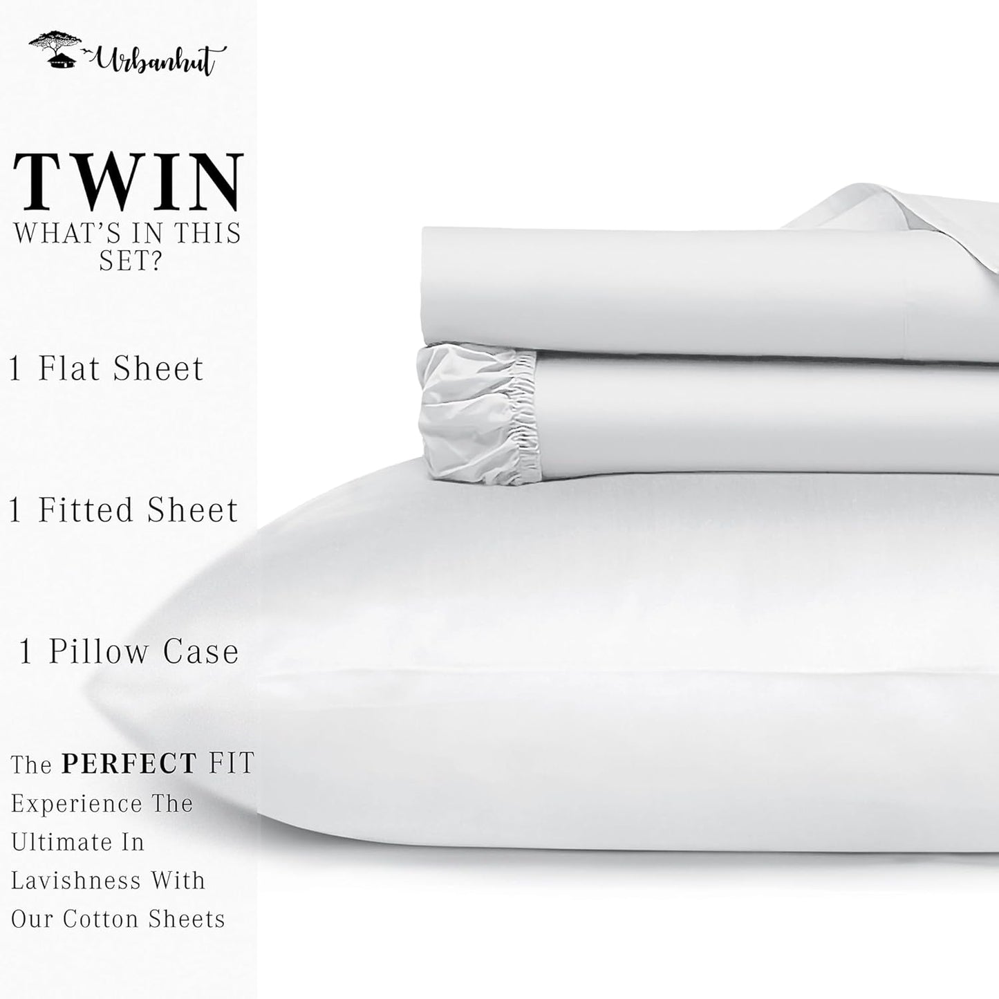 URBANHUT 100% Egyptian Cotton Sheets - 1000 Thread Count Twin White Sheet Set (3Pc), Long Staple Cotton Sheets, All Season Sateen Weave, Luxury Hotel Twin Bedsheets,16" Deep Pocket
