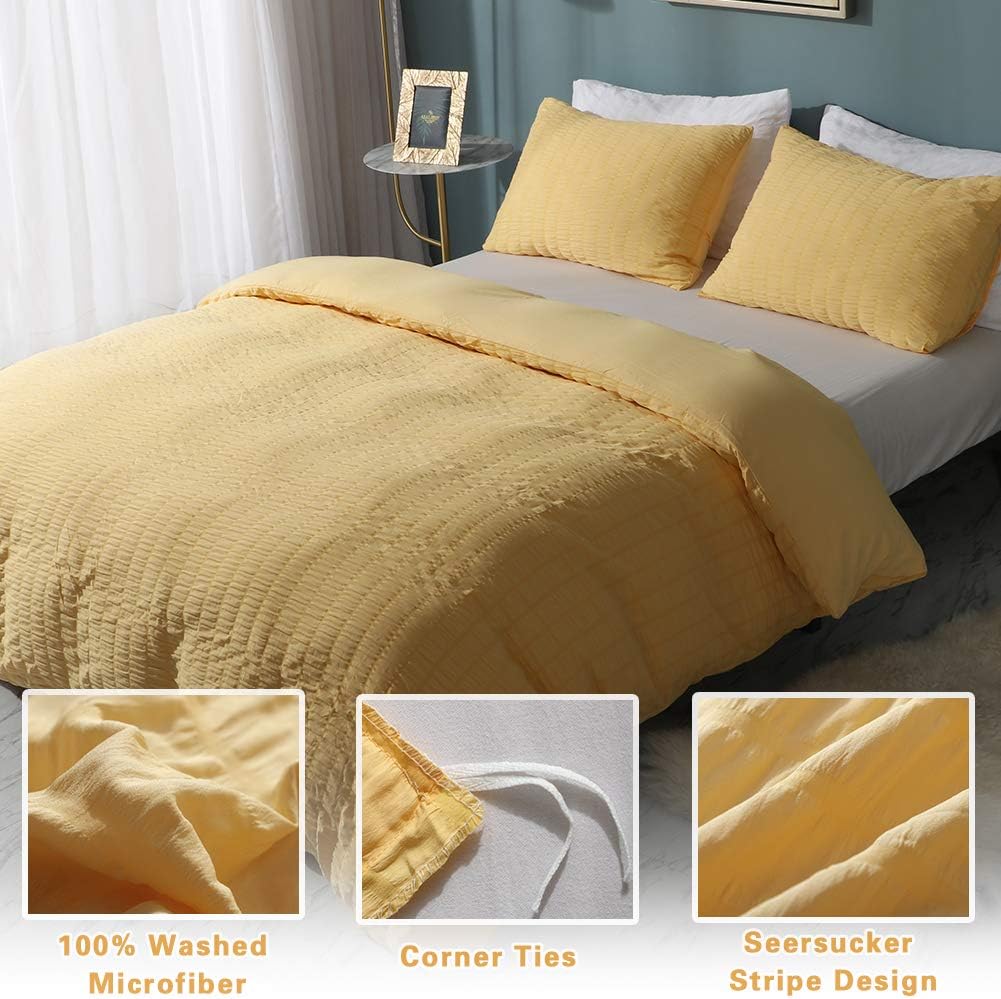 AveLom Seersucker Duvet Cover Set Queen Size (90 x 90 inches), 3 Pieces (1 Duvet Cover + 2 Pillow Cases), Yellow Ultra Soft Washed Microfiber, Textured Duvet Cover with Zipper Closure, Corner Ties