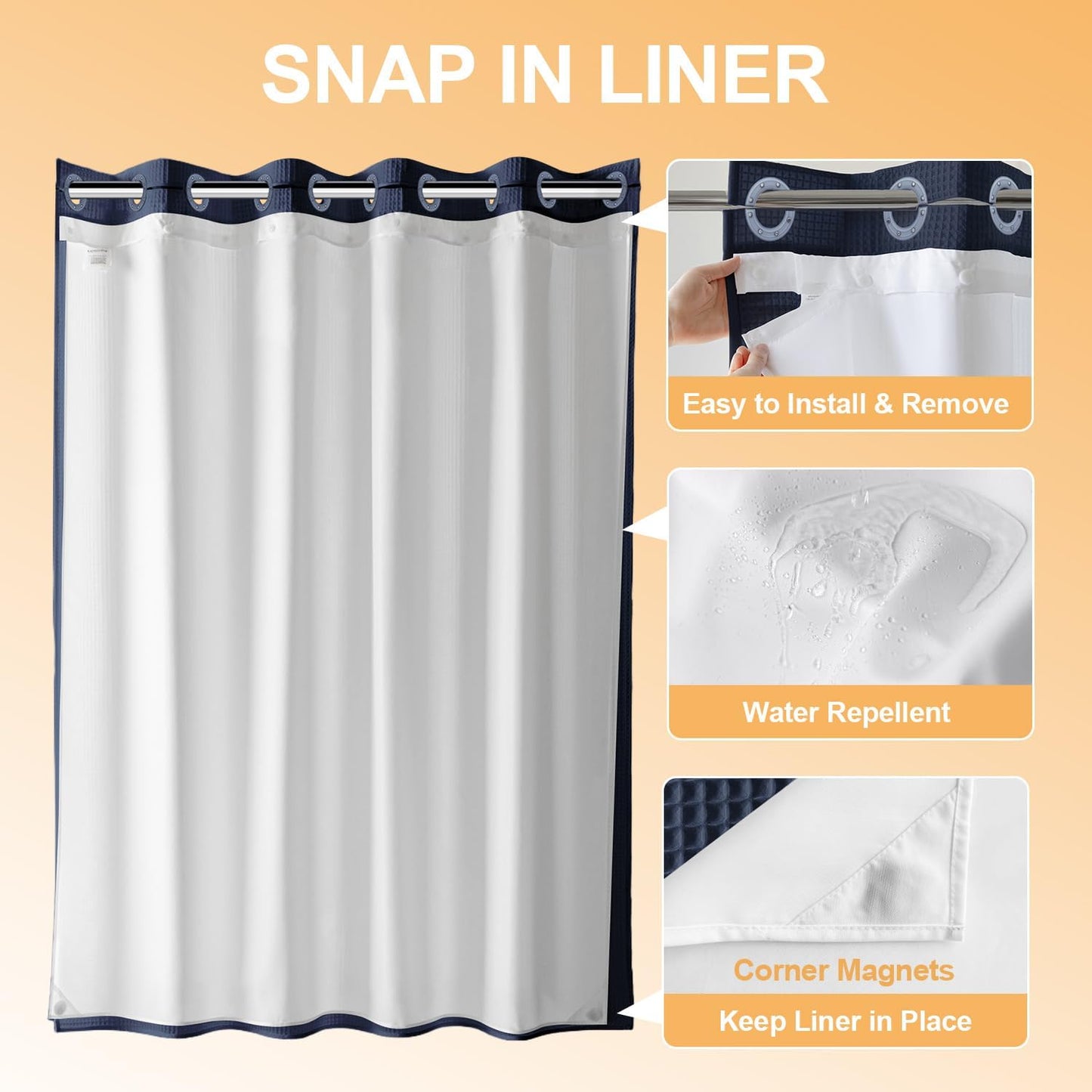 River Dream Hotel Grade No Hooks Needed Shower Curtain with Snap in Liner,Water Repellent, Machine Washable (Navy Blue, 71"x74"(W/Liner))