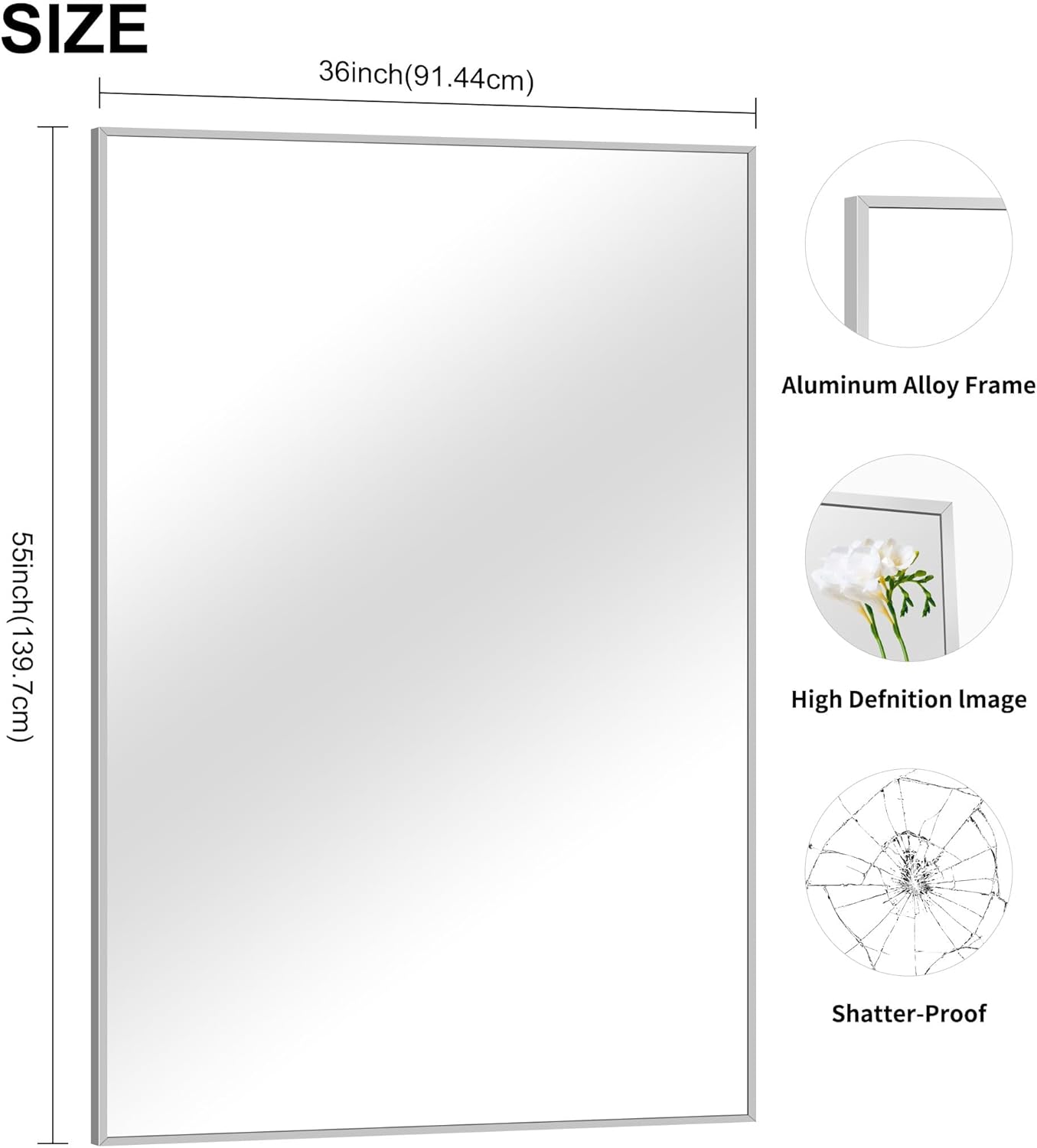 36x55 inch Bathroom Mirror, Silver Rectangle Mirror with Thin Metal Frame, Large Rectangular Wall Mirrors for Bathroom, Living Room, Big Mirror Hang Horizontal/Vertical