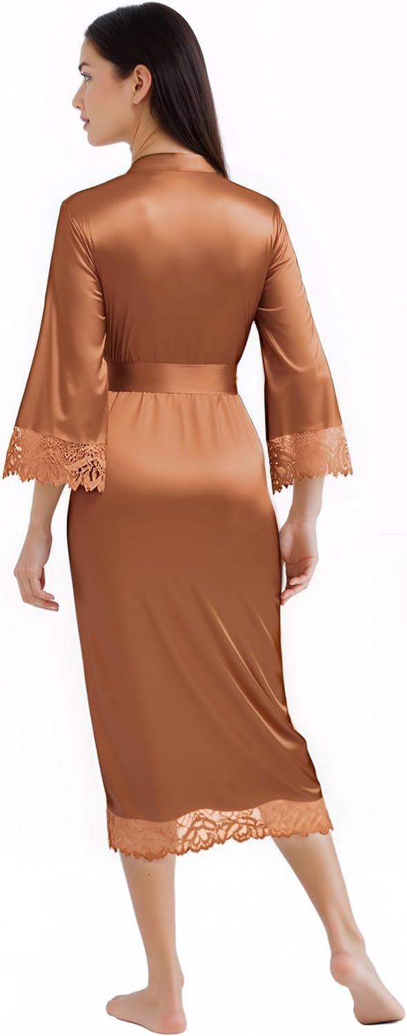BABEYOND Satin Kimono Robe Silky Long Bridesmaid Wedding Lightweight Bath Robe with Lace Trim