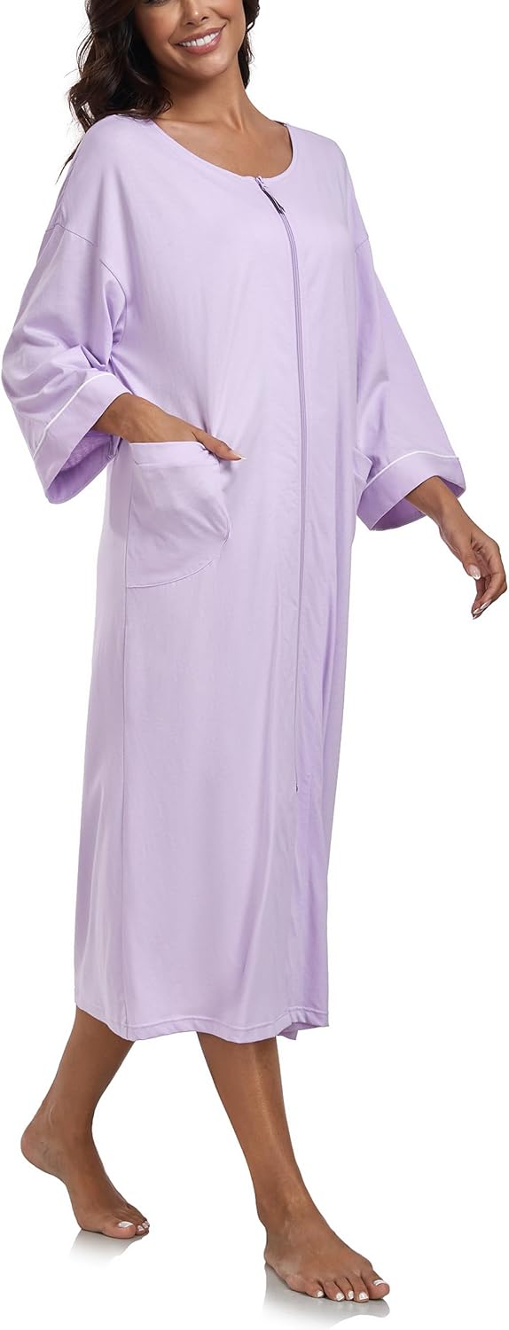 ANLIQI Women's 100% Cotton Robes Long Zipper Front House coats 3/4 Sleeve Bathrobes Lightweight Full Length Robe with Pockets