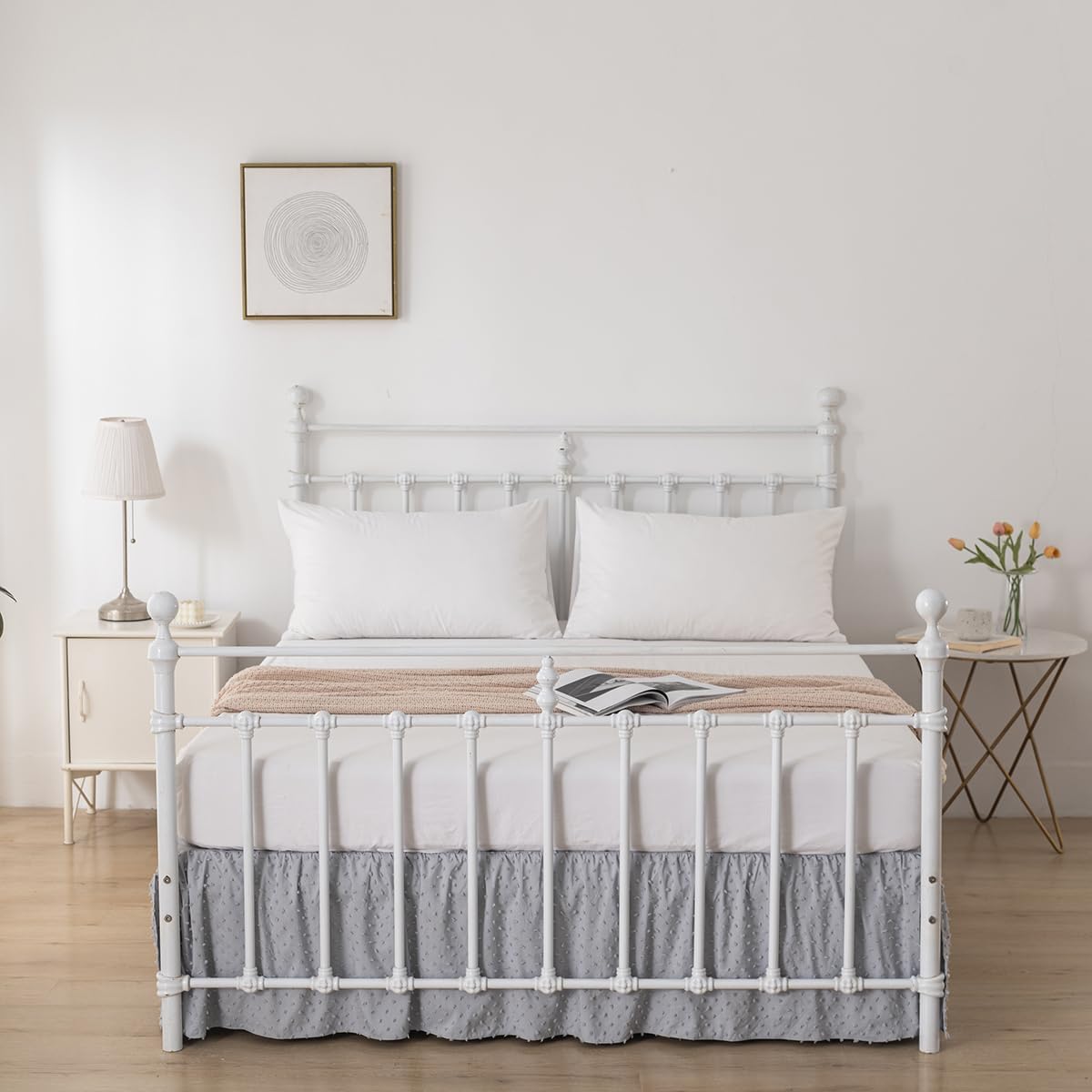 Tufted Dot Bed Skirt Queen Size Ruffled Bed Skirt with Split Corners, 18 Inch Drop Dust Ruffle Bed Skirts with Platform, Light Grey