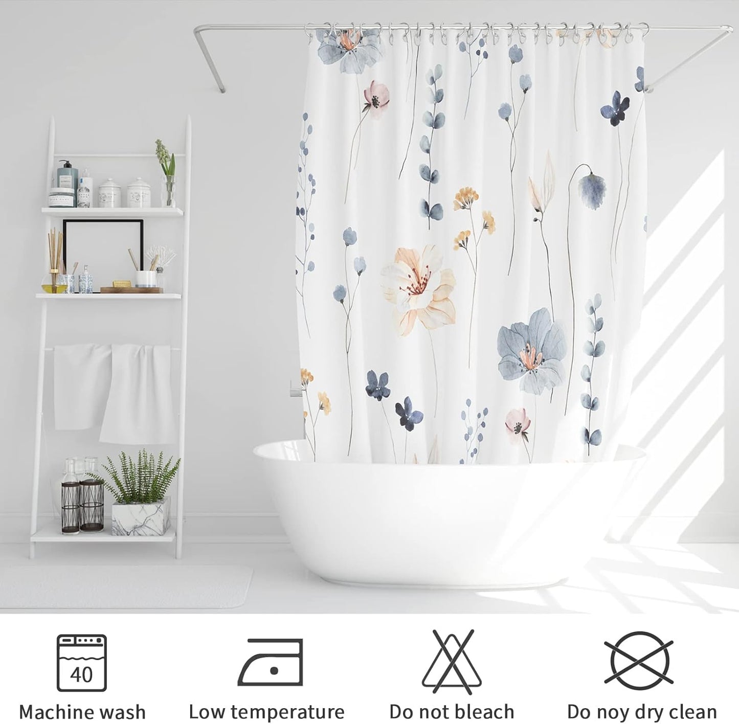 Gibelle Watercolor Floral Shower Curtain, Blue Beige Flower Shower Curtain for Bathroom, Modern Minimalist White Waterproof Fabric Shower Curtain Set with Hooks 72x72 Inch