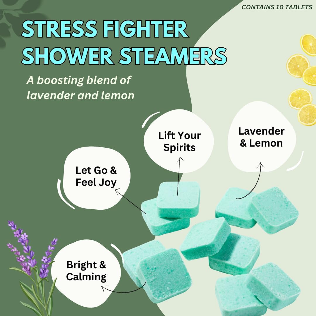 Stress Fighter Shower Steamers Aromatherapy for Relaxing - Christmas Gift - Adult Stocking Stuffer - USA Made - Lavender & Lemon Shower Bomb Tablets - Soothing Natural Essential Oils (10 Pack)