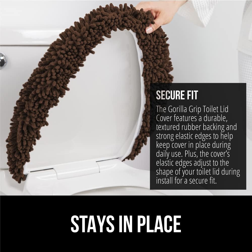 GORILLA GRIP Soft Chenille Bathroom Toilet Lid Cover, Machine Washable Seat Covers, 19.5x18.5, Stays in Place Rubber Backing, Fits Most Round, Elongated and Oblong Lids, Accessories Decor, Brown