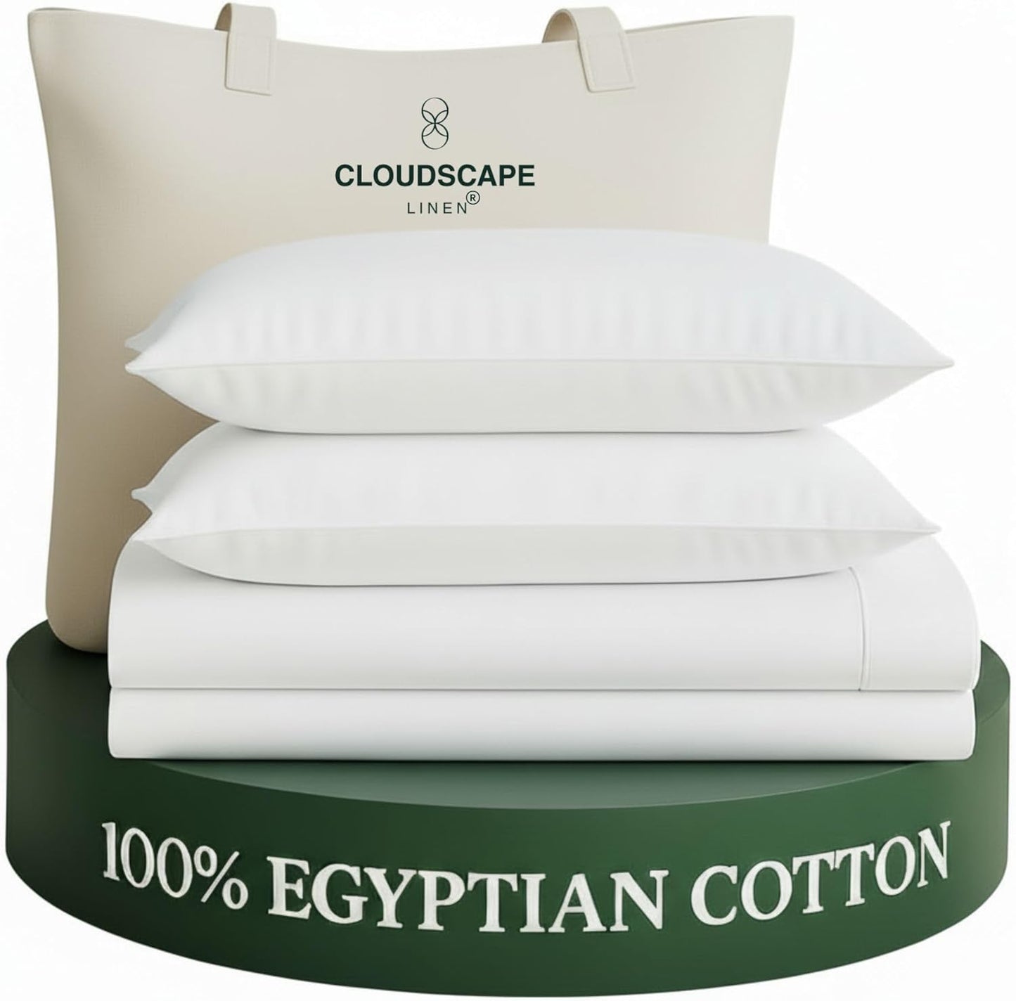 Cloud Scape Linen Engineered Dual-Ply Egyptian Cotton Queen Size Sheet Set – Long-Staple Sateen Weave, 4-Piece Soft Hotel Quality Bedding Set,Deep Pockets Up to 17”, White