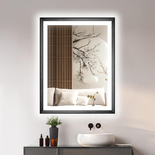 28 x 36 Black Bathroom LED Mirror – Frontlit & Backlit Vanity Mirror with Antifog & Shatter Proof Tempered Glass, Aluminium Frame Bathroom Mirror, Comes with 3 Colour Lights Option