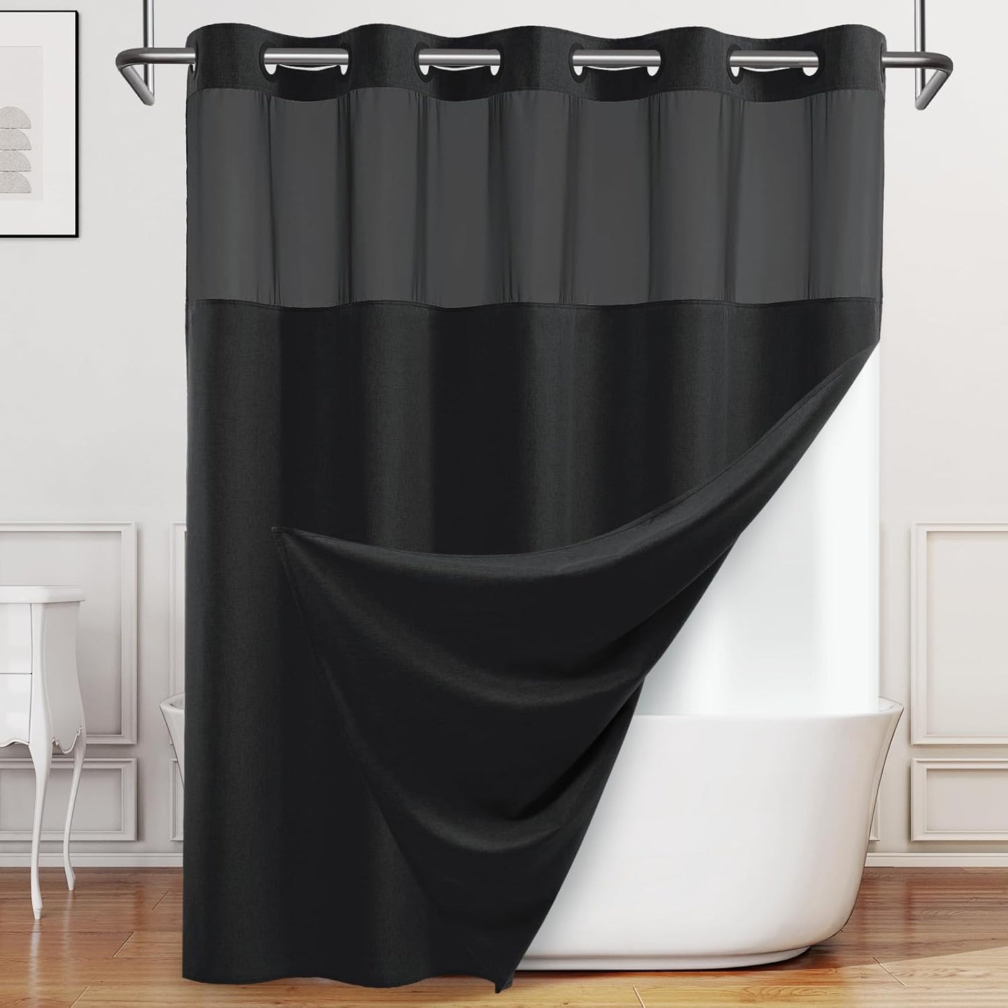 No Hook Shower Curtain with Snap in Liner, Polyester Textured Shower Curtain with Liner Set, Waterproof Washable Hotel Style Shower Curtains for Bathroom, 71Wx74H, Black