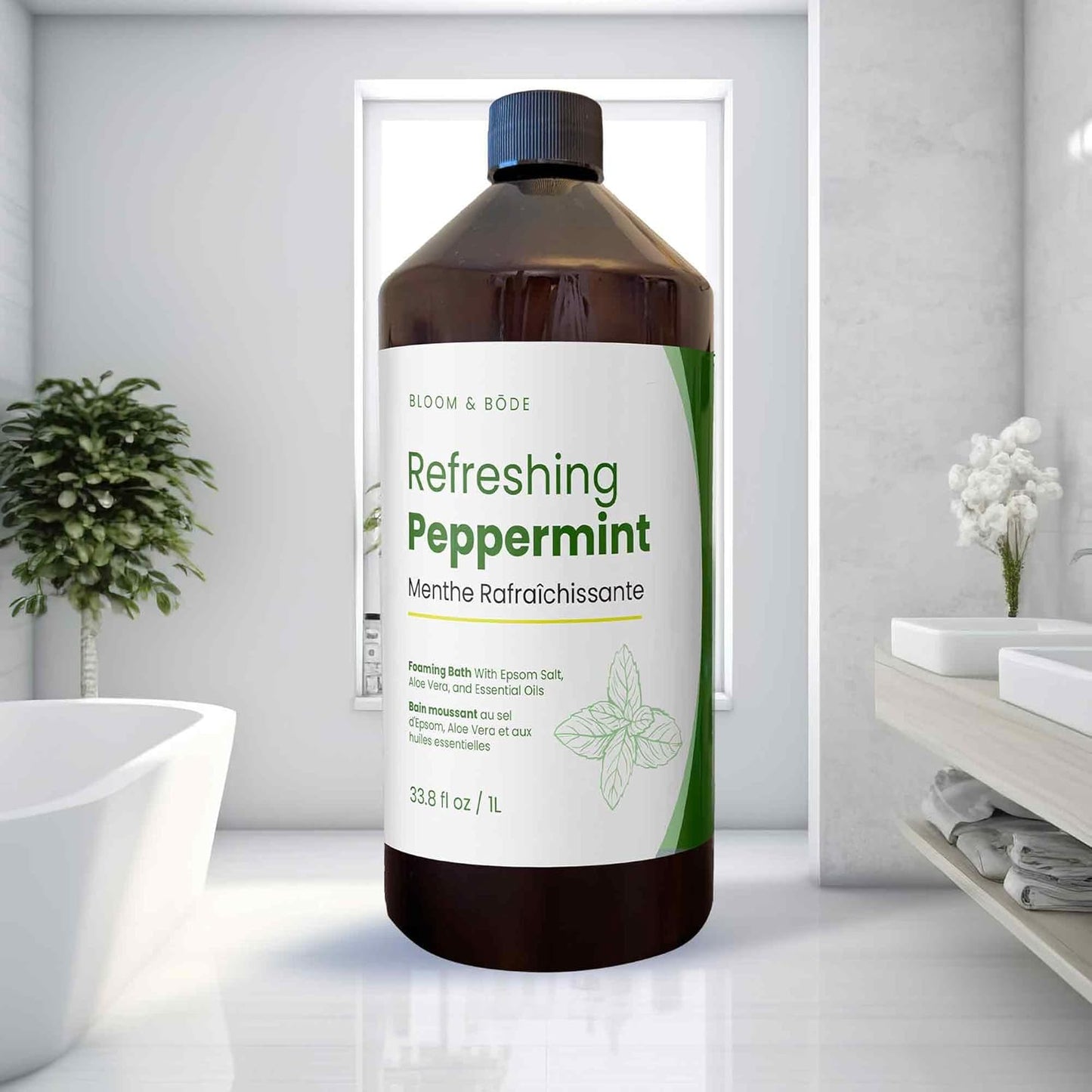 Luxury Foaming Bath - Natural Scented Bubble Bath - with Essential Oils and Epsom Salt - Refreshing Peppermint Scent, 33.8 fl oz / 1L