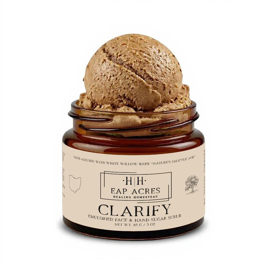 Emulsified Face Sugar Scrub, Organic squalane oil/Castor oil: Chamomile & White Willow Bark, Rhassoul Clay, Kokum Butter, Manuka Honey-Gentle exfoliant: Dry/Sensitive/Acne-Prone (CLARIFY)