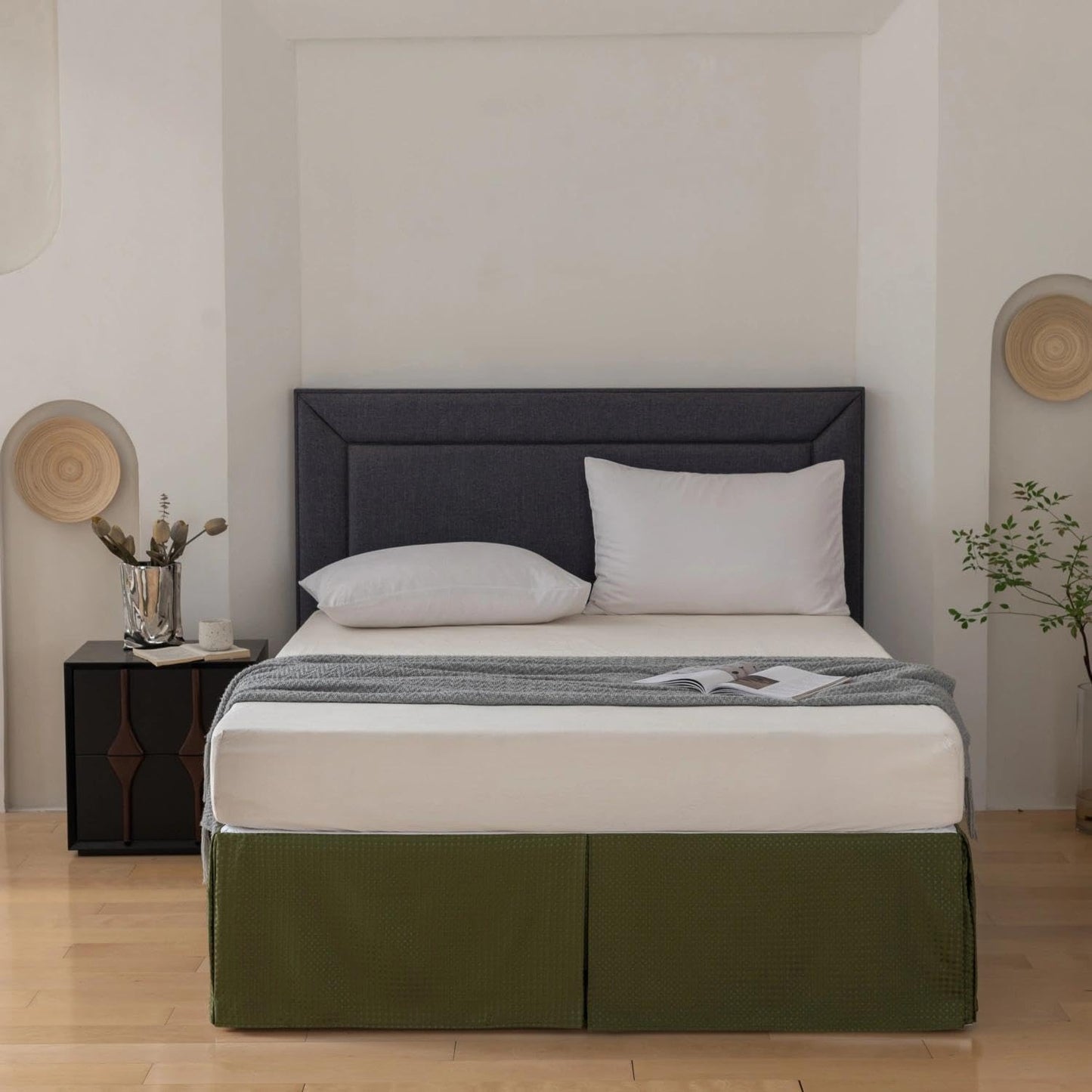 Queen Bed Skirt, Wrap Around Bed Skirt with Pleated Corner, 14 Inch Drop Pleated Waffle Weave Bedskirts, Anti-Slip, Microfiber, Green, 14'' Queen