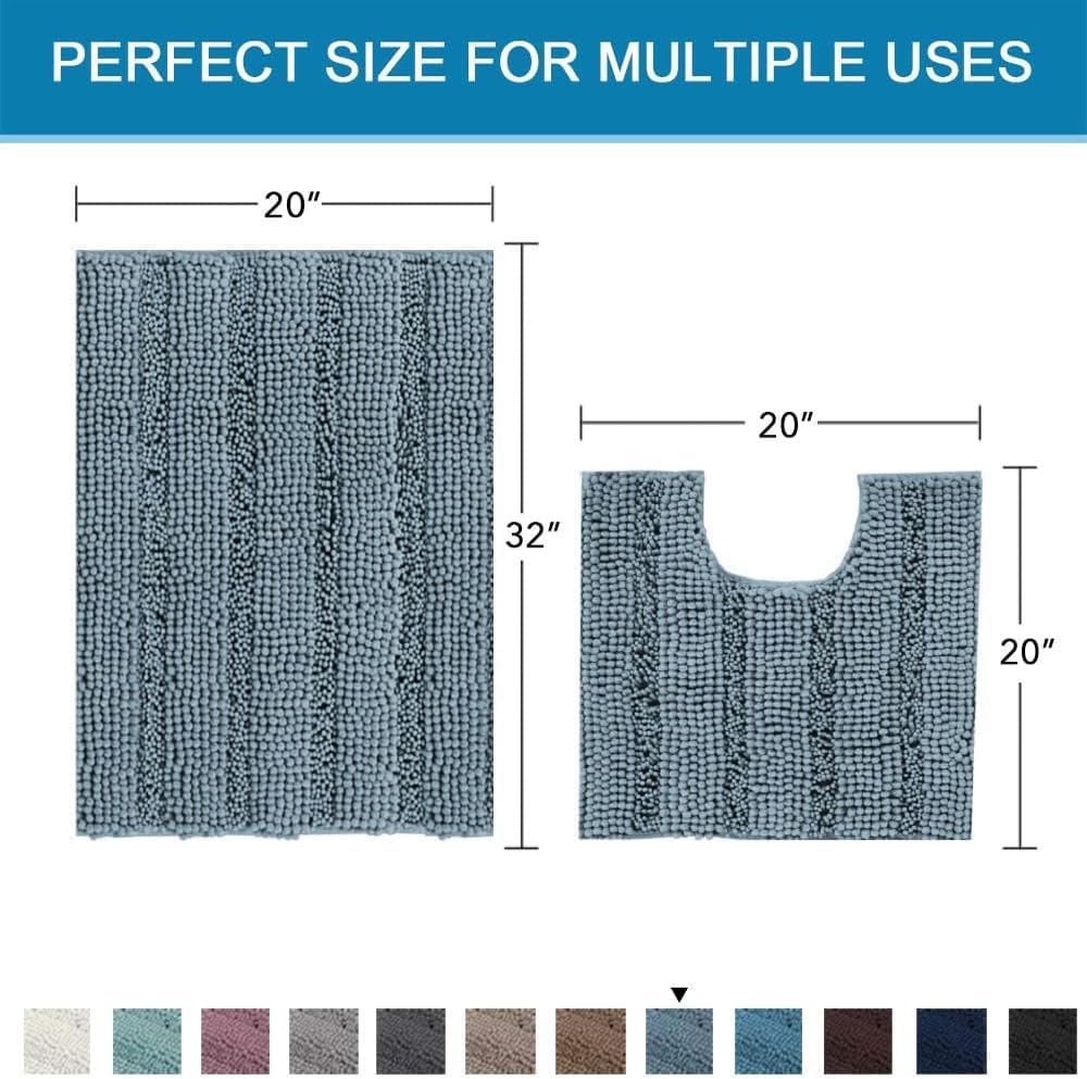H.VERSAILTEX Bathroom Rugs Bath Rug Set 2 Piece Bathroom Contour Rug Toilet Mat Sets Non Slip Contour Bath Rug Set Ultra Thick Water Absorbent Striped Washable(20" x 32" Plus 20" x 20" U, Stone Blue)
