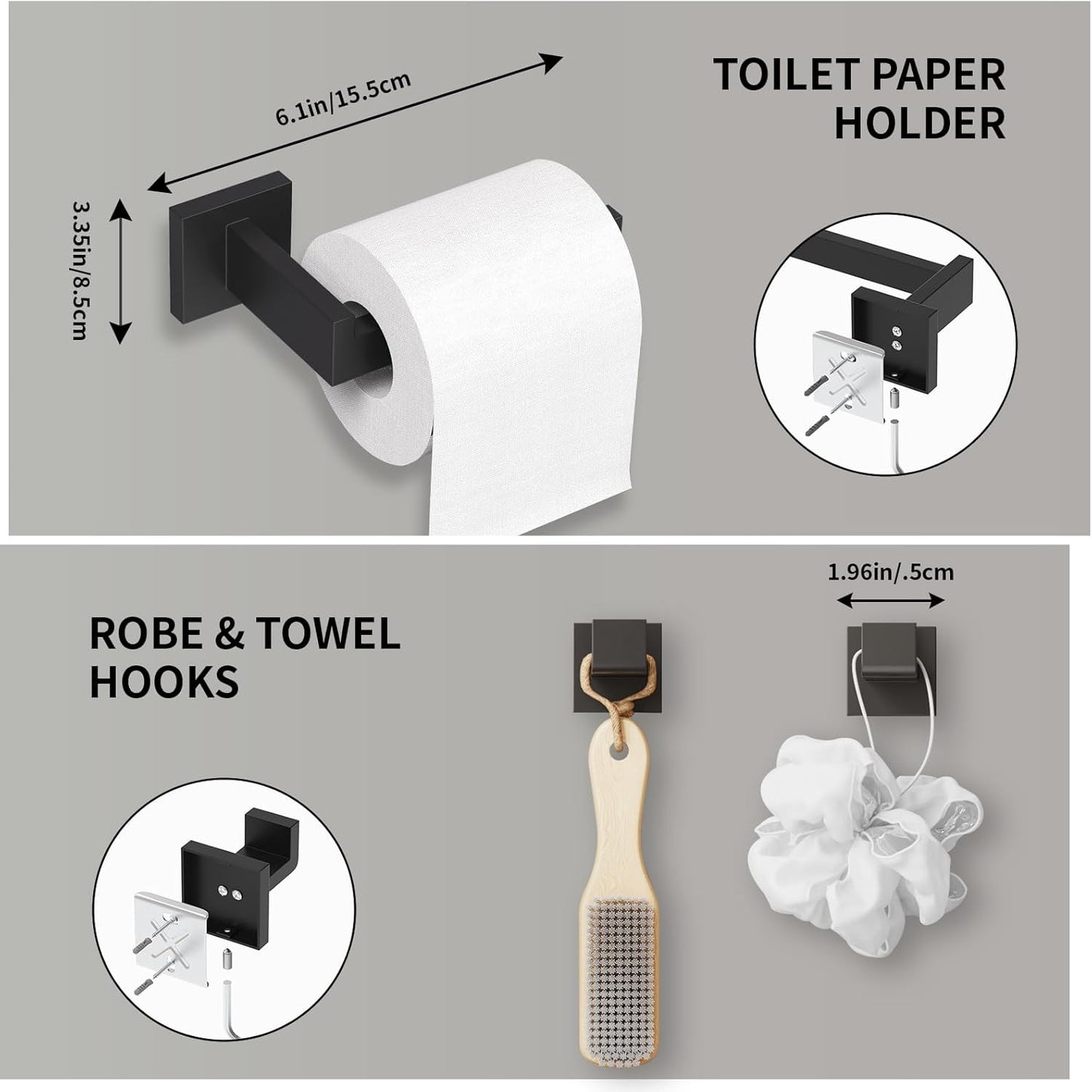 5-Pieces Matte Black Bathroom Accessories Set, 16 Inch Bath Towel Bar Set, SUS 304 Stainless Steel Bathroom Hardware Set, Towel Racks for Bathroom Wall Mounted