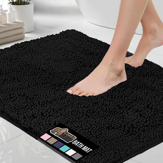 GORILLA GRIP Bath Rug Mat, Thick Soft Absorbent Chenille, Quick Dry Microfiber Mats, Rubber Backing Washable Shower Floor Rugs, Bathmat Runner, US Designed Bathroom Home Decor Accessories 24x17, Black