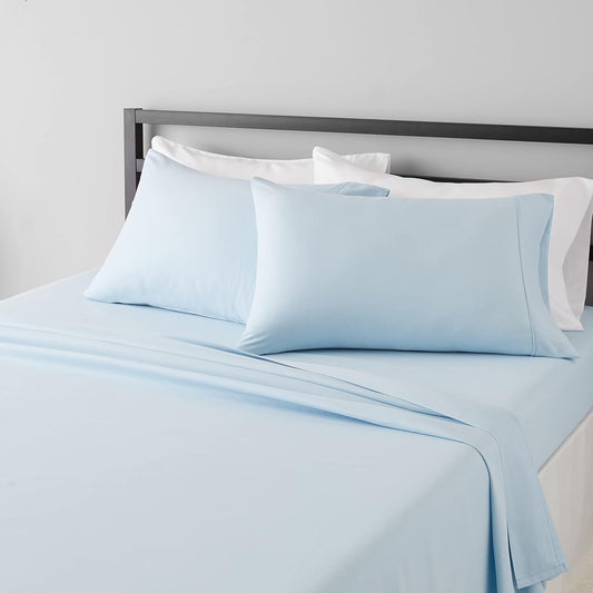 Amazon Basics Lightweight Super Soft Easy Care Microfiber 4 Piece Bed Sheet Set With 14-inch Deep Pockets - Queen, Light Blue, Solid