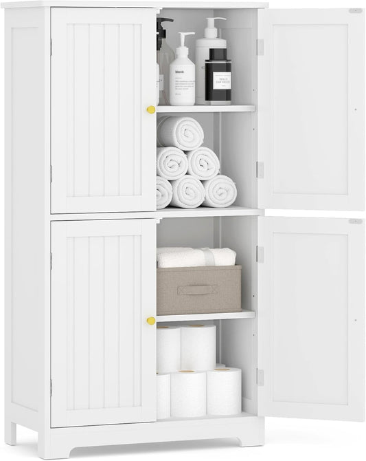 Bathroom Floor Storage Cabinet, 44.5" Freestanding Bathroom Cabinet with 4 Doors and Adjustable Shelves Modern Cupboard for Entryway, Living Room, Kitchen (White)