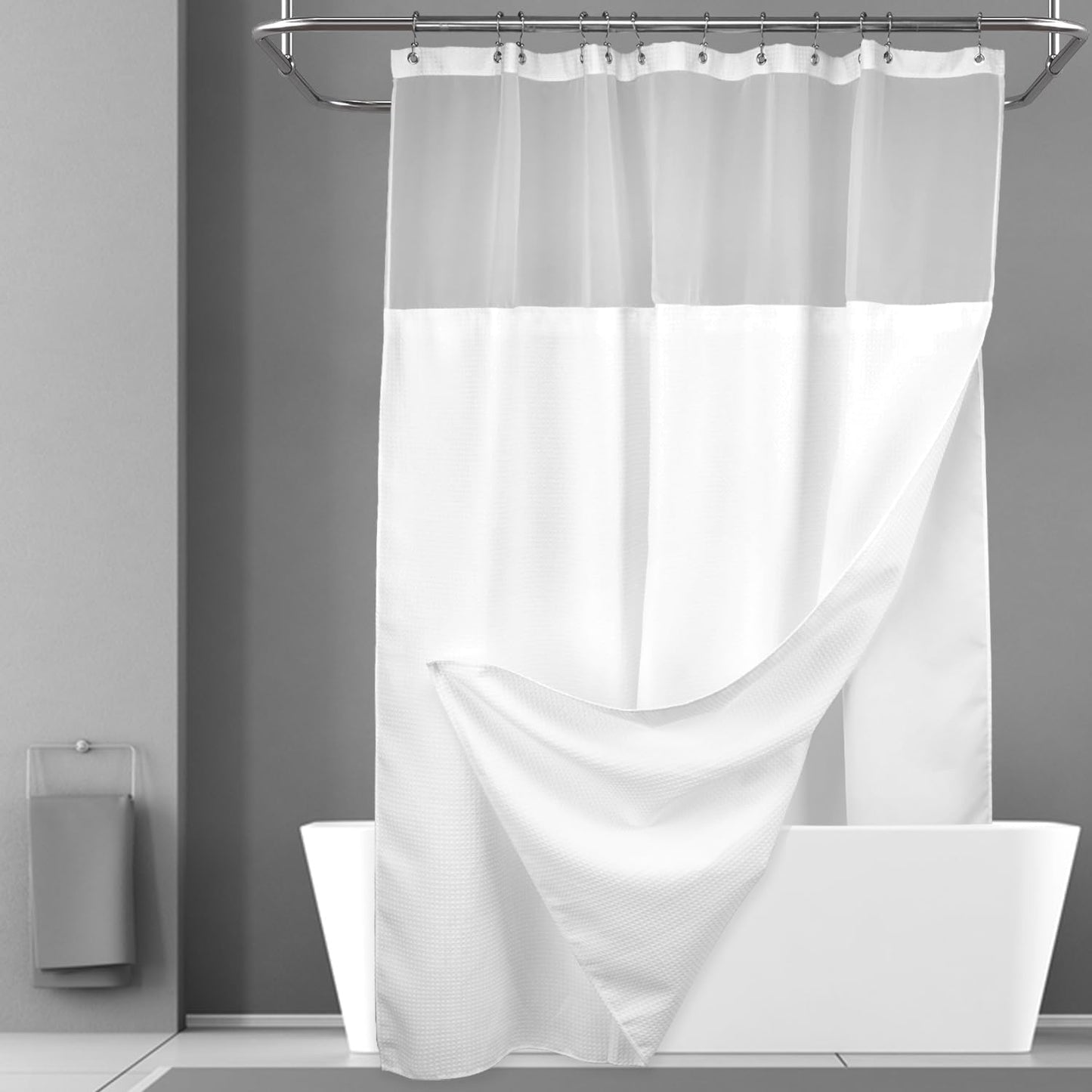 N&Y HOME Long Waffle Weave Shower Curtain 75 Inch Length with Snap-in Fabric Liner & Metal Hooks Set - Hotel Style, Waterproof & Washable, Heavyweight Fabric & Mesh Top Window - 71x75, White