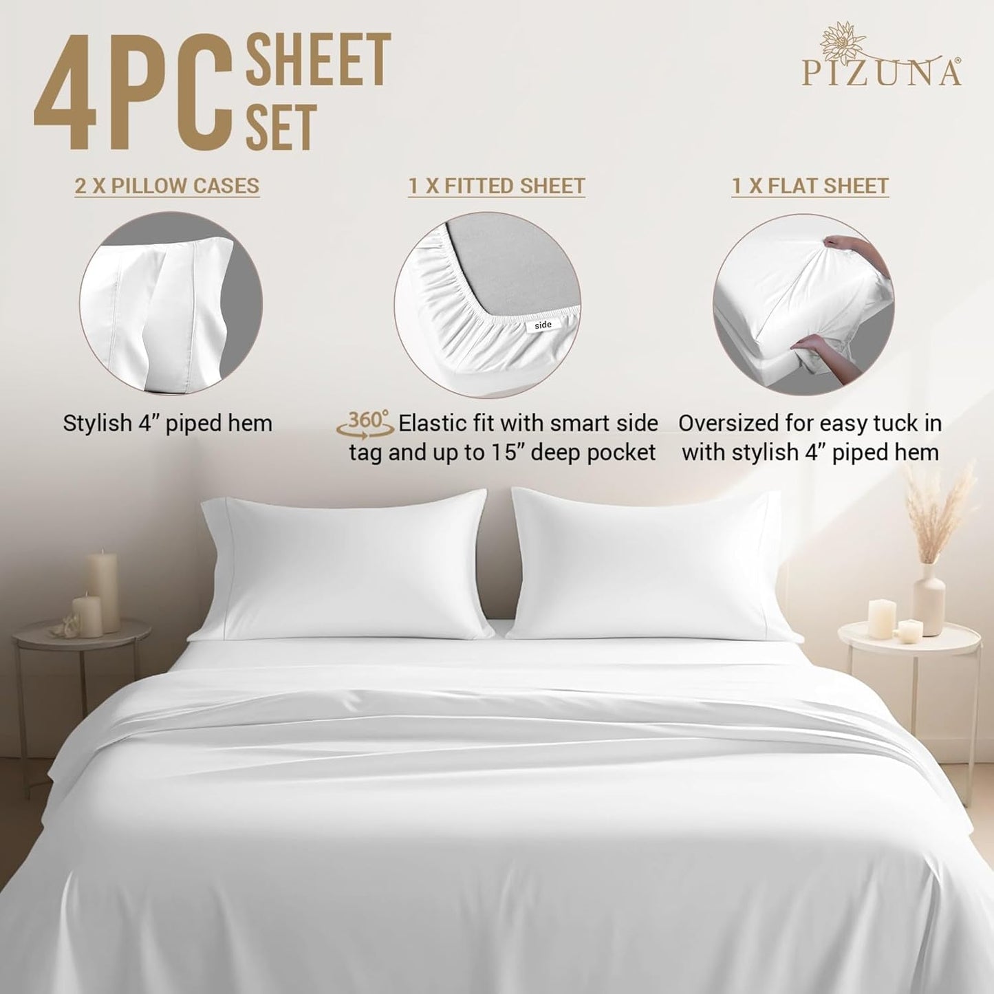 Pizuna Pure 100% Cotton Sheets Full Size, 800 Thread Count Long Staple Cotton Crisp Sateen Sheets with 15" Deep Pocket