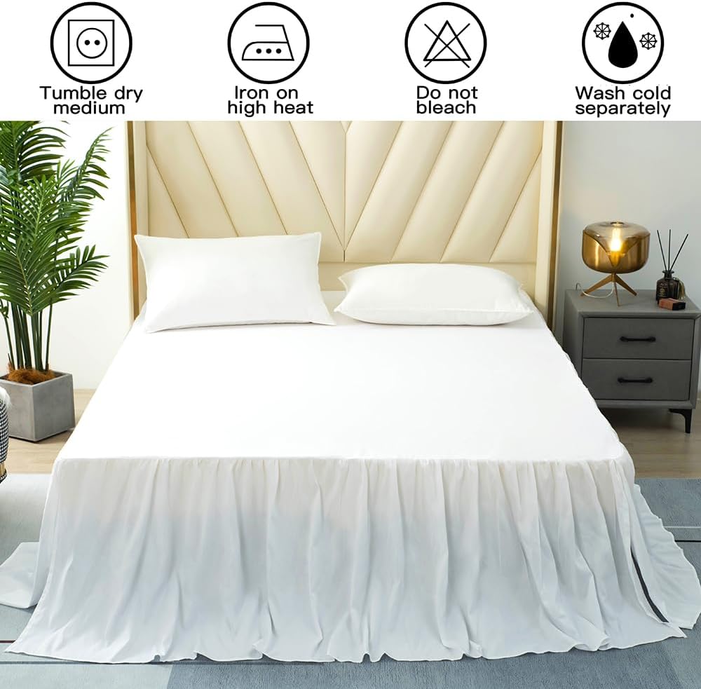 White Bed Skirt Queen Size Ruffled Bed Skirt with Split Corners, Queen Bed Skirt 22 Inch Drop, TSUTOMI Queen Size Bed Skirt White for Ruffled Bed Skirt with Split Corners, Bed Skirt Queen Size