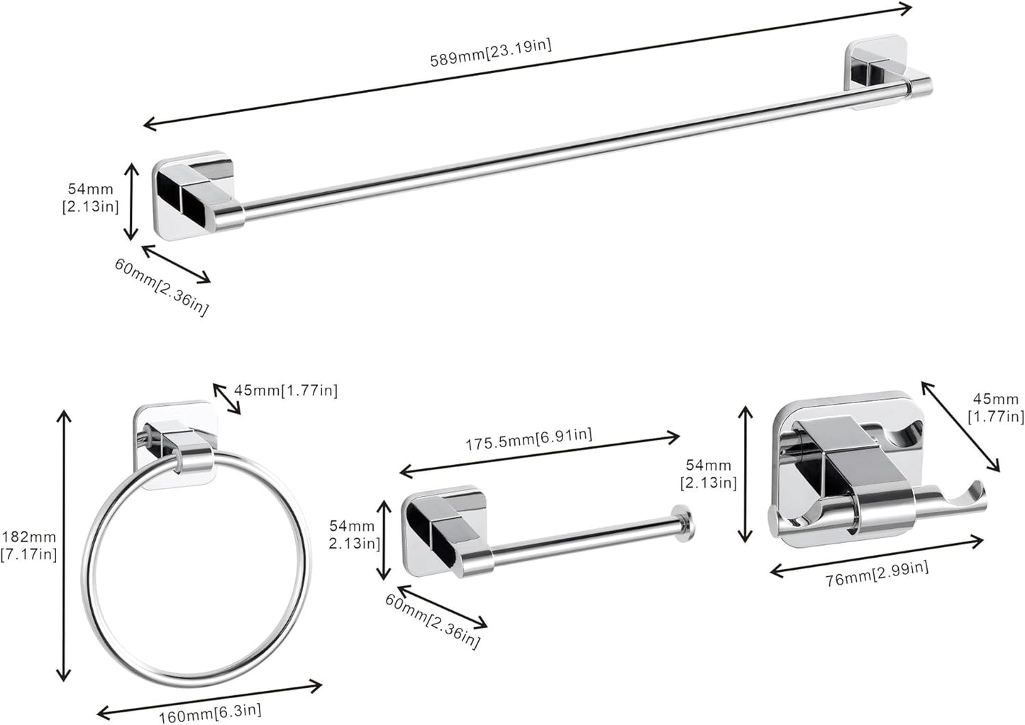 Bathroom Accessories Set, 4 Pieces Bathroom Hardware Set, 24 inch Towel Bar, Towel Racks, Robe Towel Hooks, Toilet Paper Holder Wall Mounted Or Self-Adhesive,Stainless Steel and Plastic (Chrome)