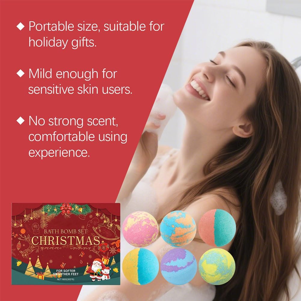 6 Pcs Christmas Bath Bombs Gift Set for Women,Handmade Natural Bath Bomb with Fizz Effect,Moisturizing and Soften Skin,Fruit & Flower Scents Skin Care Bathbombs for Stocking Stuffers Gift