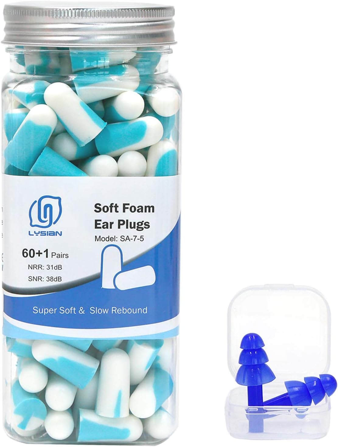 LYSIAN Noise Cancelling Earplugs for Sleep - 60 Pairs, 38dB Disposable Ear Plugs for Sleeping, Snoring, Shooting, Mowing Loud Sound Reduction- Double Color Light Blue/White
