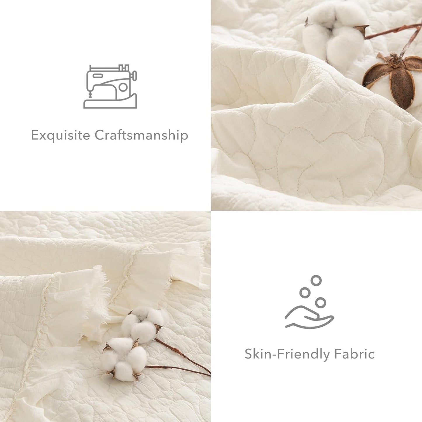 QSH 3PCs Milk White Oversized King Quilt Bedspread Set(120"x120"),Stonewashed Cotton Ruffled Quilt California King,Ultra Soft Lightweight Crinkled Shabby Bedspread Coverlet Bedding Set for All Seasons