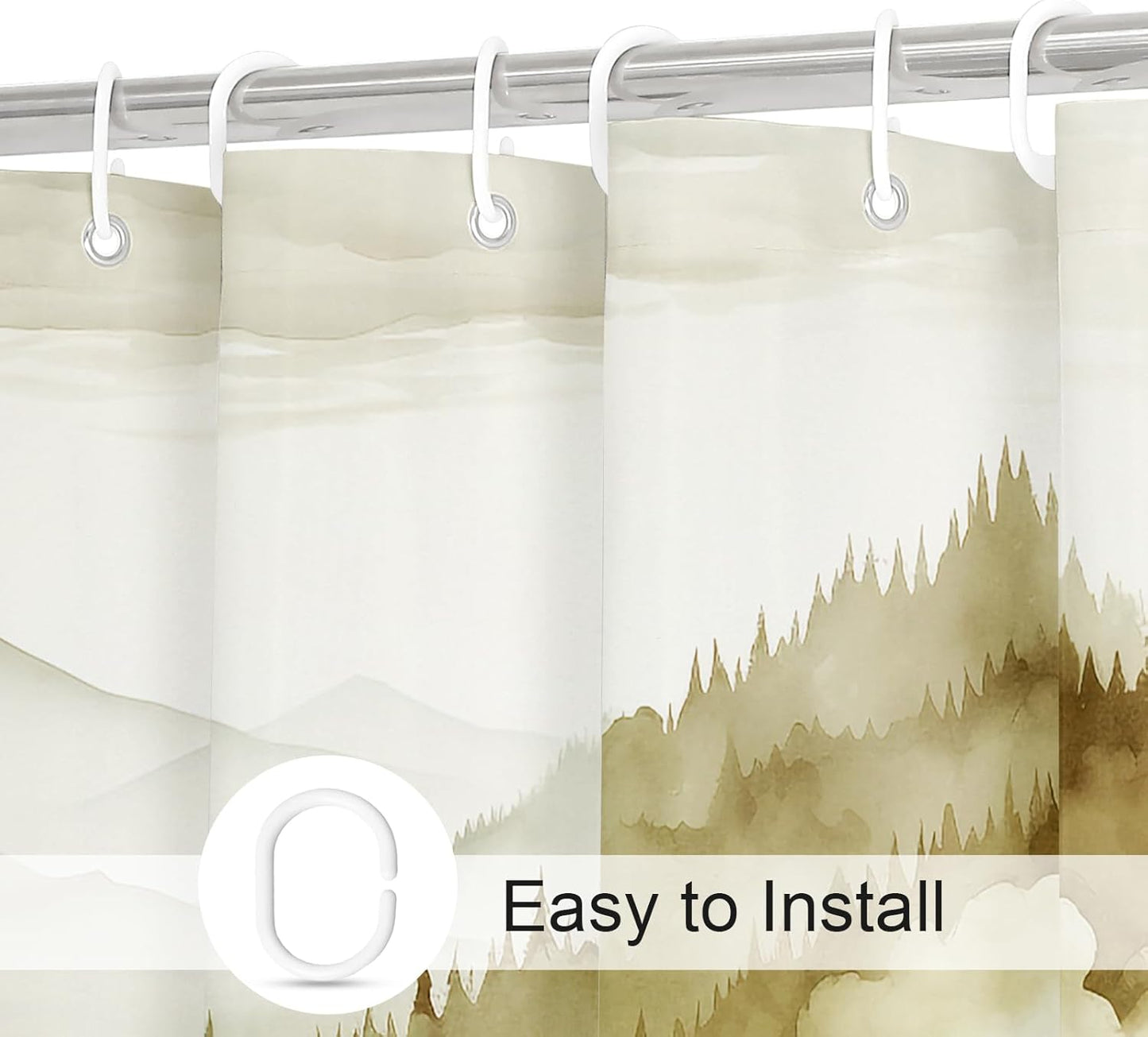 Yellow Small Stall Misty Pine Forest Shower Curtain 36 x 72, Mountain Foggy Woodland Scenery Tree Narrow Half Size Shower Curtains for Bathroom, Abstract Waterproof Nature-Themed Decor