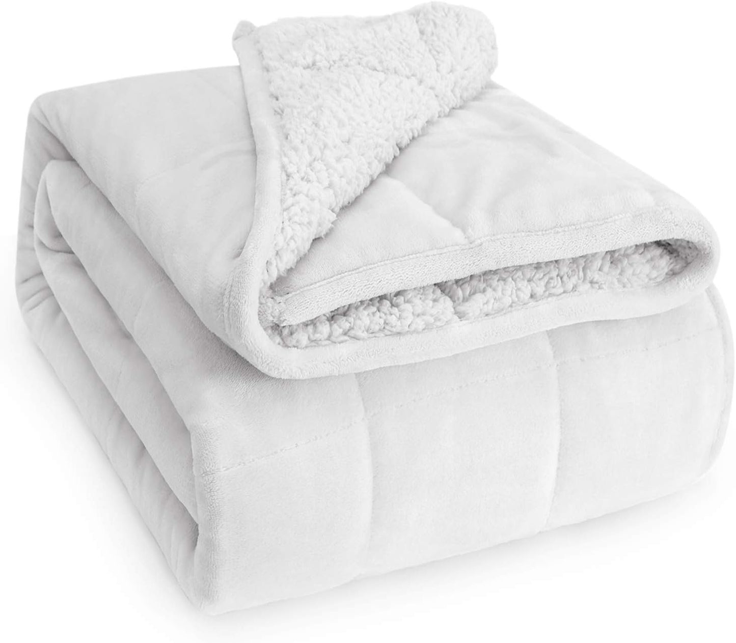 Wemore Sherpa Fleece Weighted Blanket for Adult, 15 lbs Dual Sided Cozy Fluffy Heavy Blanket, Ultra Fuzzy Throw Blanket with Soft Plush Flannel Top, 60 x 80 inches Queen Size White on Both Sides