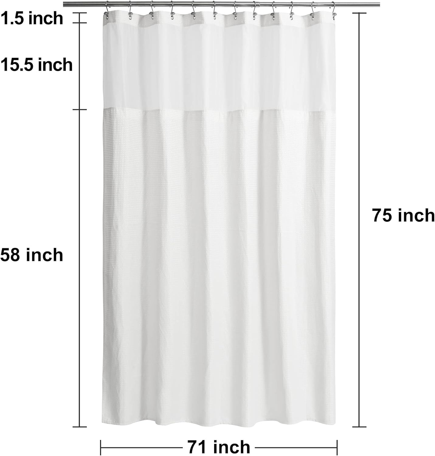 N&Y HOME Long Waffle Weave Shower Curtain 75 Inch Length with Snap-in Fabric Liner & Metal Hooks Set - Hotel Style, Waterproof & Washable, Heavyweight Fabric & Mesh Top Window - 71x75, White