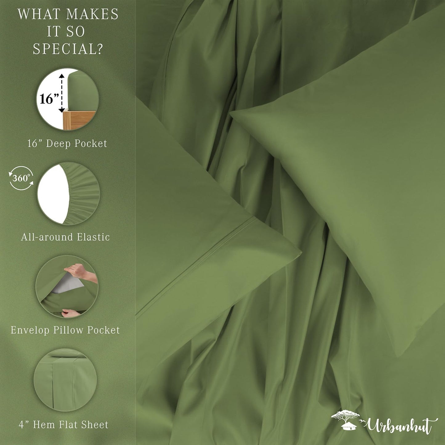 URBANHUT 700 Thread Count Egyptian Cotton California King Sheets, 4Pc Sheet Set Soft Luxury Bed Sheets for Cal King Size Bed, Sateen Weave Hotel Sheets, 16'' Elasticized Deep Pocket - Sage