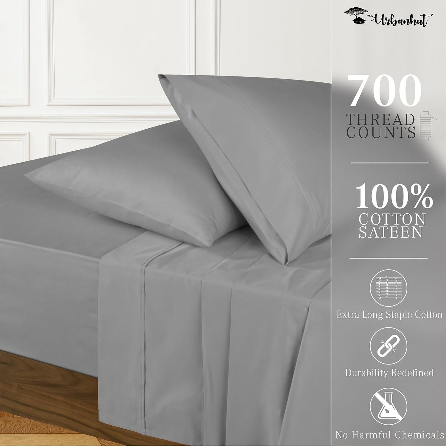 URBANHUT 700 Thread Count Egyptian Cotton Sheets Full Size, 4Pc Sheet Set Soft Luxury Bed Sheets for Full Size Bed, Sateen Weave Hotel Sheets, 16'' Elasticized Deep Pocket - Dark Grey
