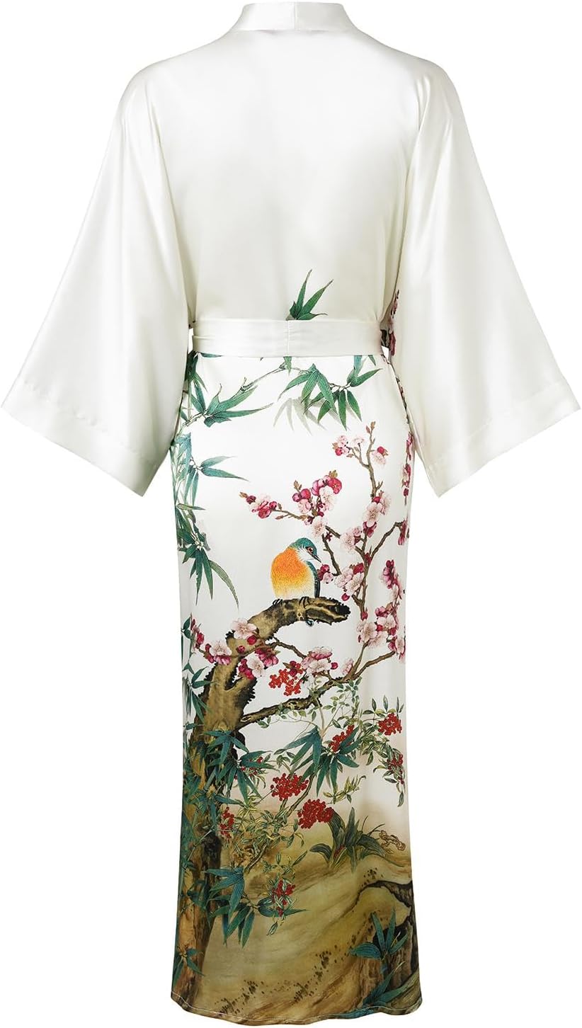 Women's Silk Kimono Robe Long Bathrobe Nightgown 100% Mulberry Silk for Women - Classic Floral Pattern